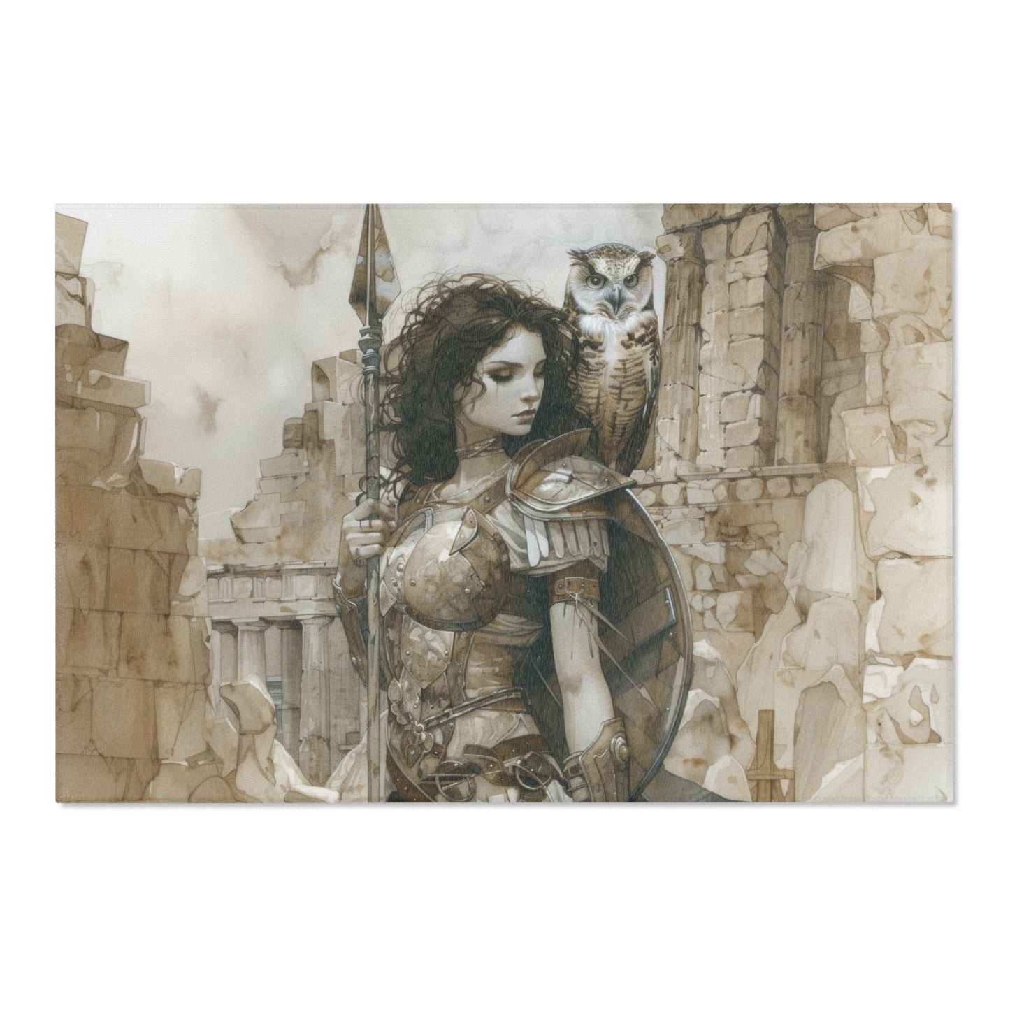 Athena's Wisdom Chenille Area Rug, Greek Warrior Goddess Weave, Owl Guarded Valor, Inspirational Floor Art Decor