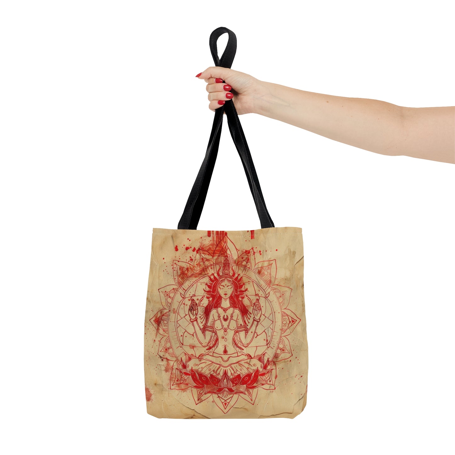 Fire Goddess Polyester Tote Bag (Double Sided), Zen Nature Aesthetic, Sacred Geometry Style Fashion, 3 Sizes, Black Handles