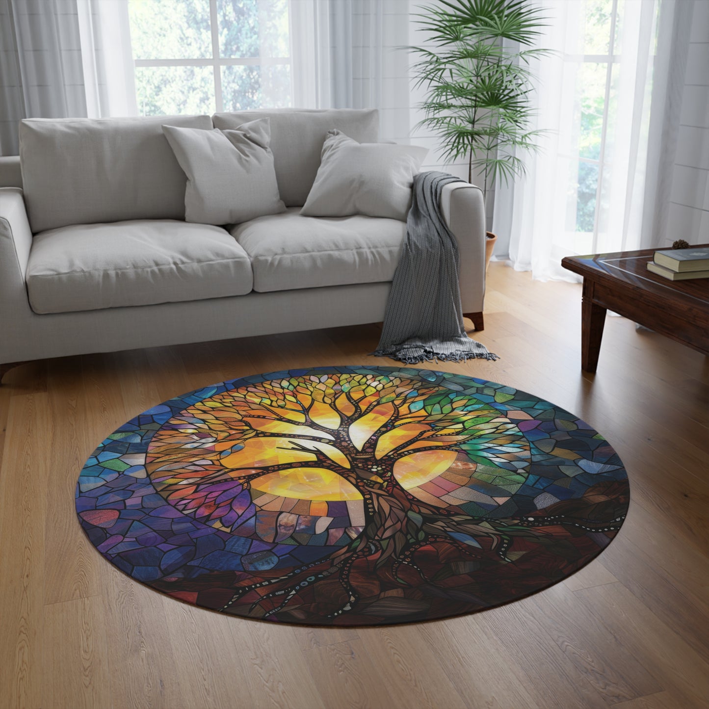 Radiant Tree of Life Stained Glass Design Chenille Round Rug, Enchanting Home Decor, Meditation & Living Space, Nature-Inspired Harmony