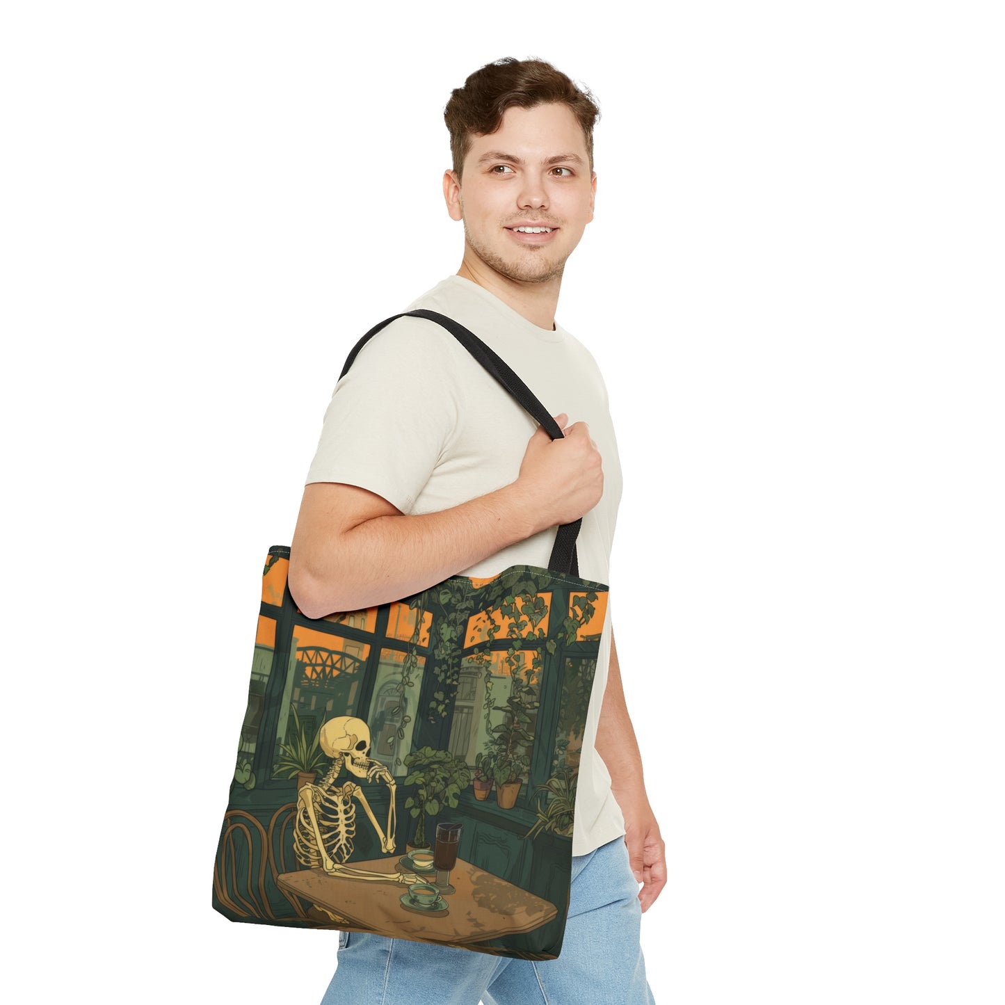 Skeleton Drinking Coffee in Paris Cafe Polyester Tote Bag (Double Sided), Cottagecore Design, Cozy Romantic Style Fashion, 3 Sizes, Black Handles