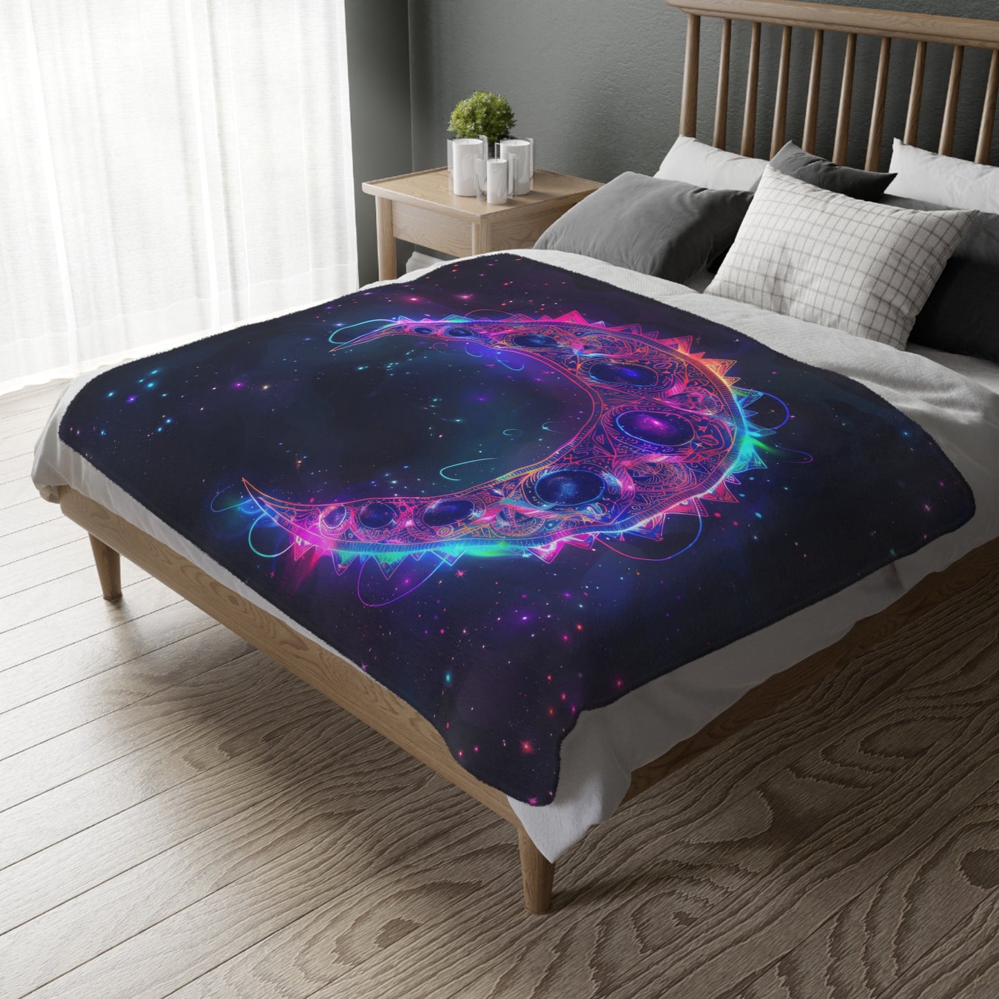 Lunar Phase Electric Mandala Reversible Throw Blanket, Magical Occult Motif, Moon Enthusiast Gift, Spellbinding Decor for Bedrooms and Living Spaces