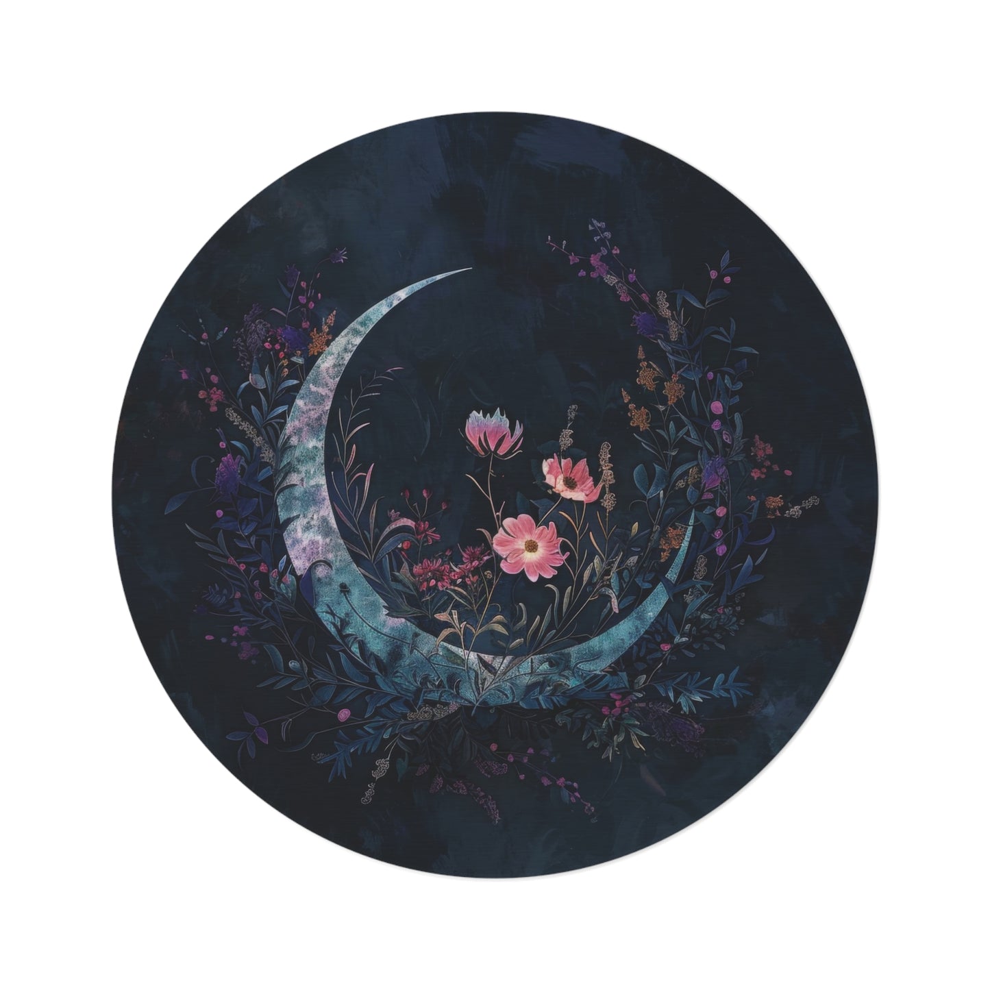 Crescent Moon & Wildflower Mandala Chenille Round Area Rug, Dark Occult Aesthetic, Lunar Lover Bedroom, Living Room and Meditation Space