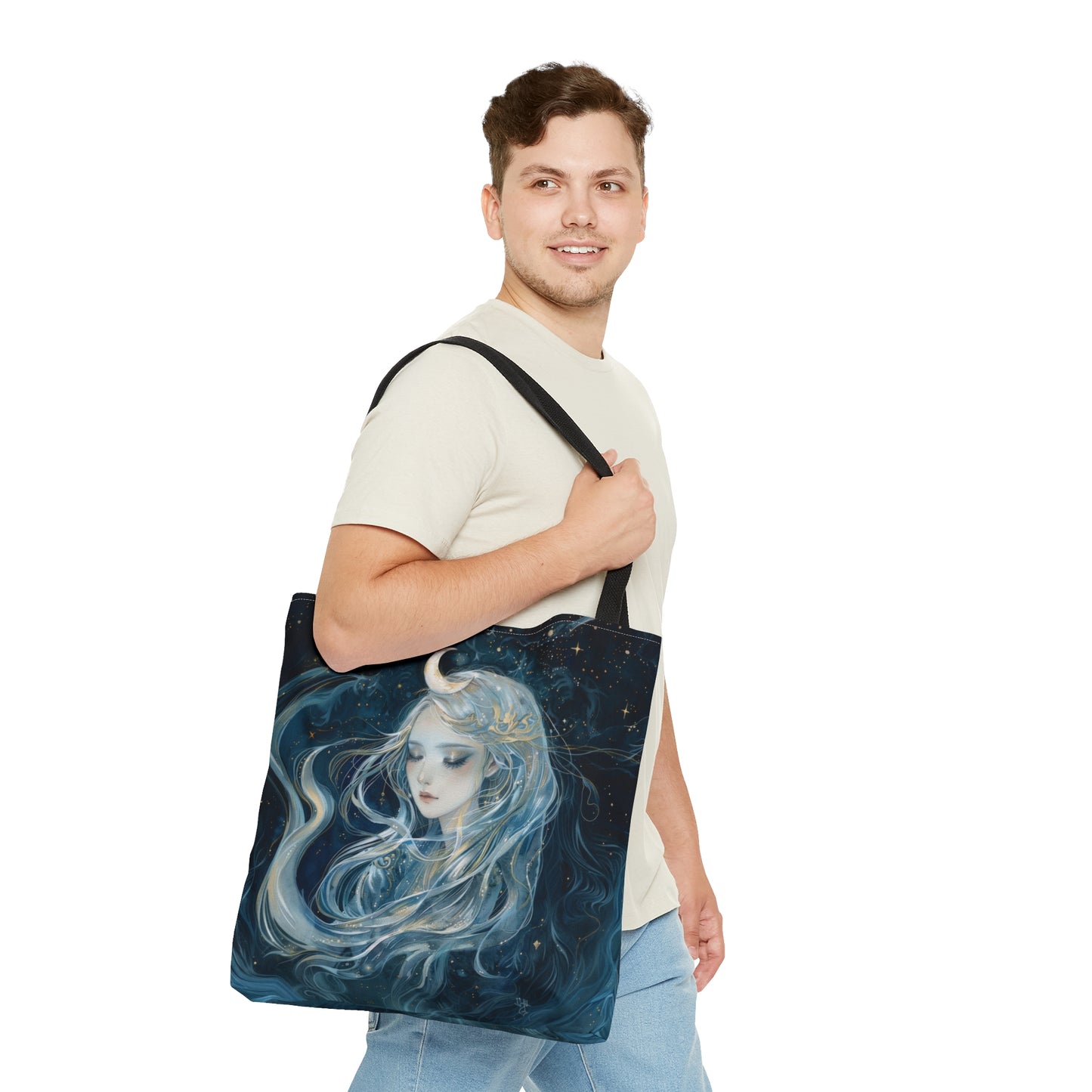Selene's Moonlit Reverie Tote Bag, Dual-Sided Moon Goddess Design, Celestial Elegance, Ethereal Fashion Accessory