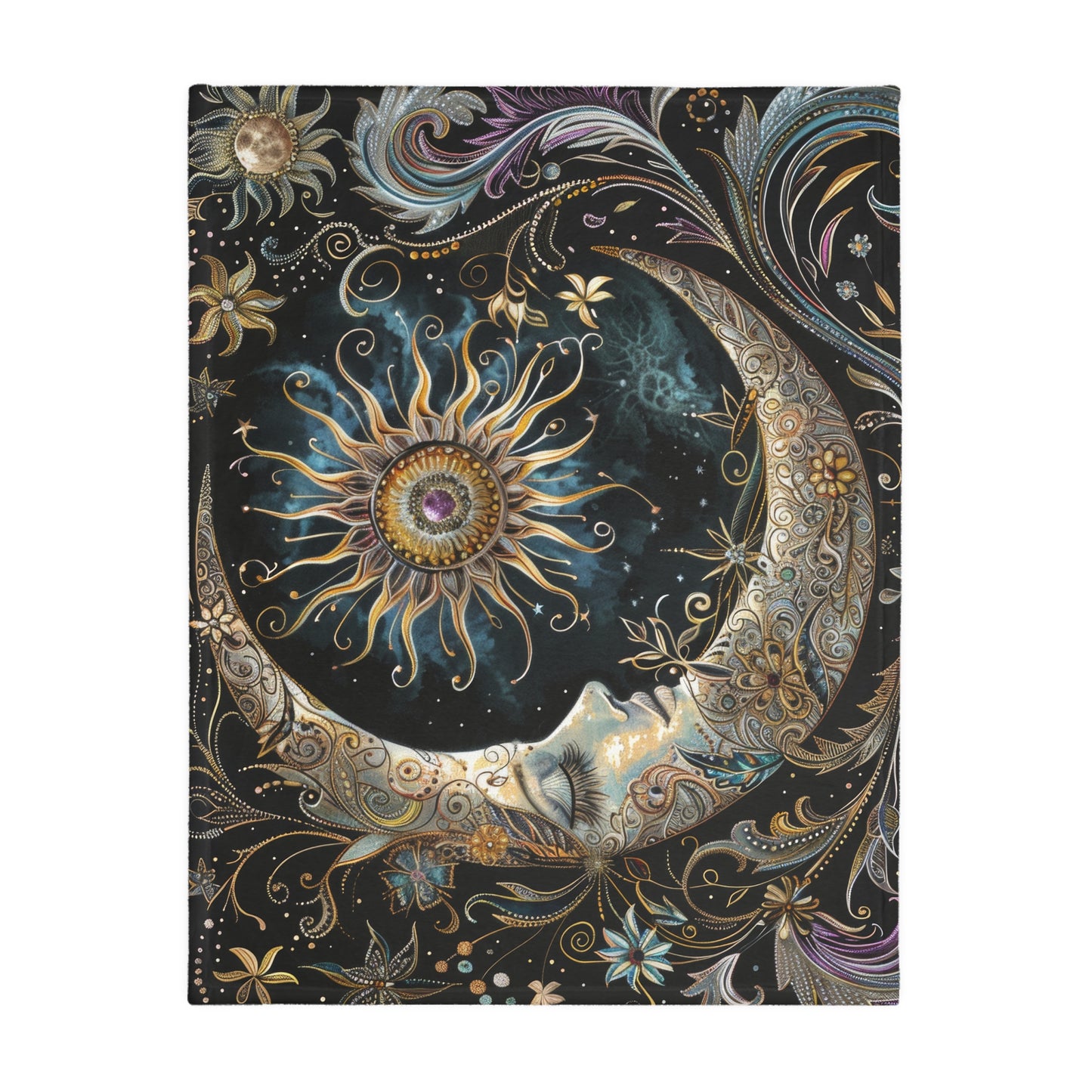 Crescent Moon & Sun Double Sided Throw Blanket, Folk Design, Art Nouveau Aesthetic, Mystical Magical Bedroom, Living, and Dorm Room Decor