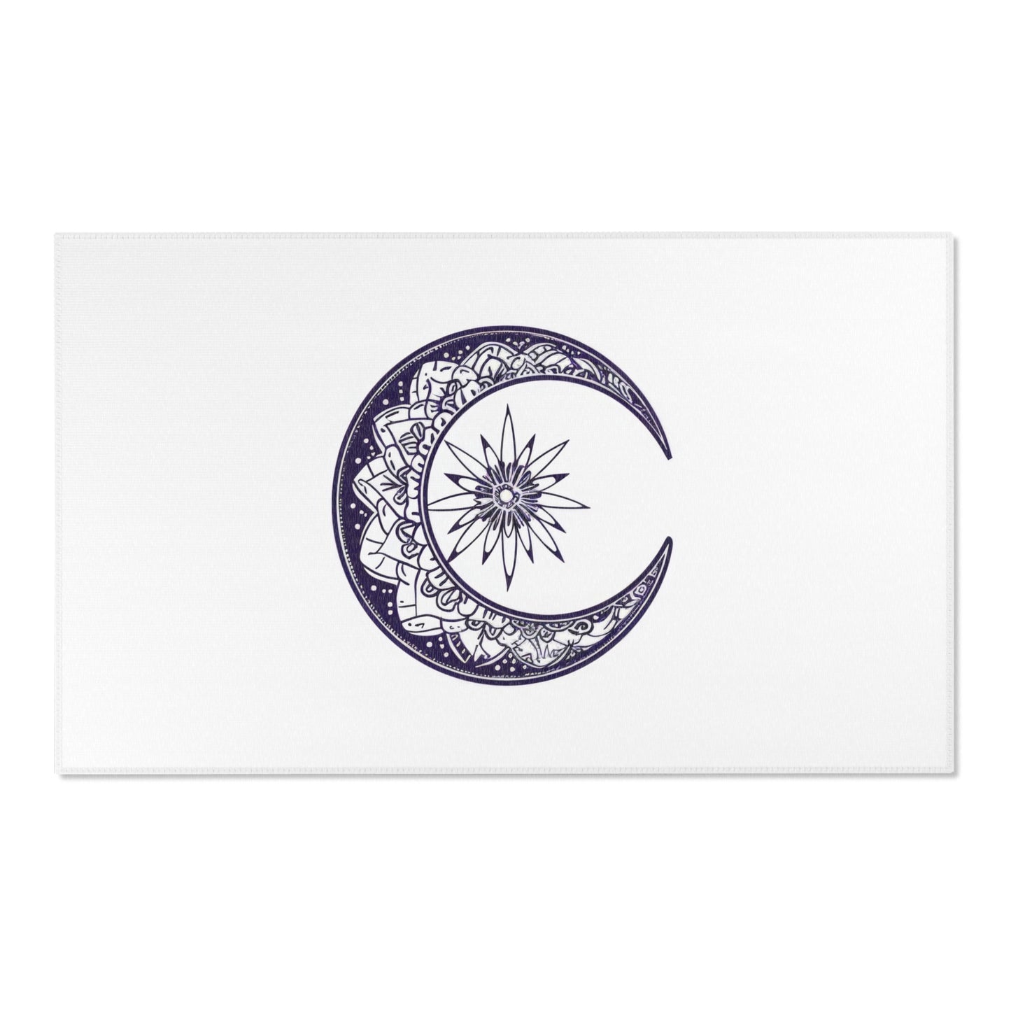 Mandala Crescent Moon Chenille Area Rug, Intricate Bohemian Design, Spiritual Zen Decor for Meditation Room, Bedroom, and Living Spaces