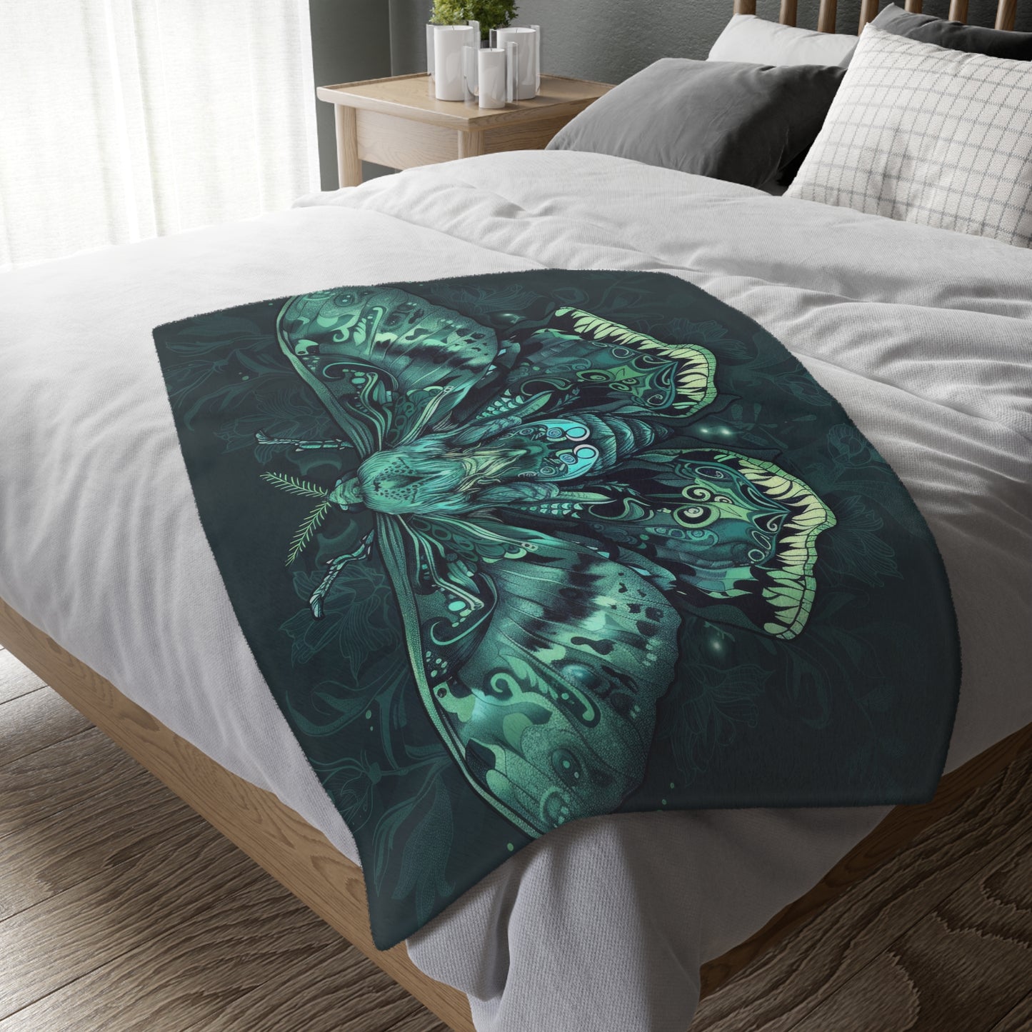Lunar Moth Double Sided Throw Blanket, Vibrant Emerald Design, Neon Aesthetic, Mystical Magical Bedroom, Living, and Dorm Room Decor