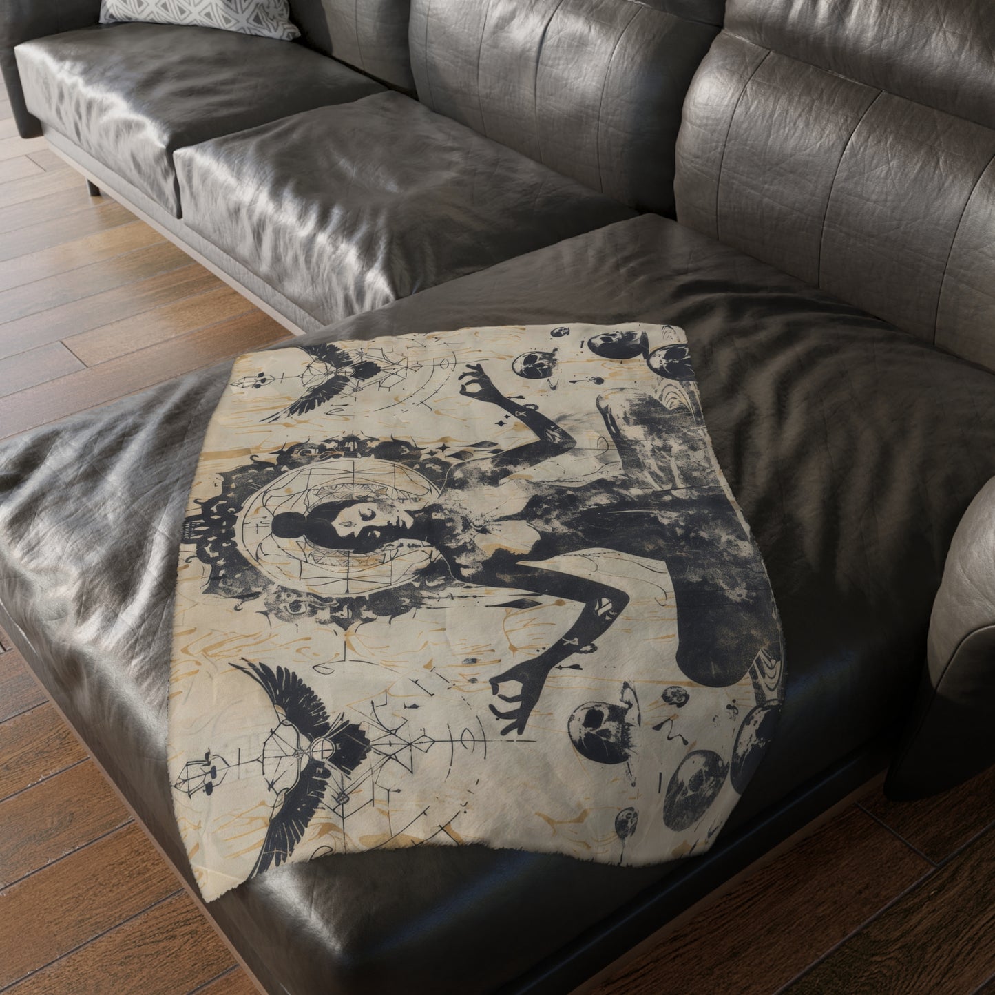 Death Goddess Two-Sided Throw Blanket, Mystical Occult Design, Sacred Geometry Aesthetic, Enchanting Bedroom and Living Room Decor