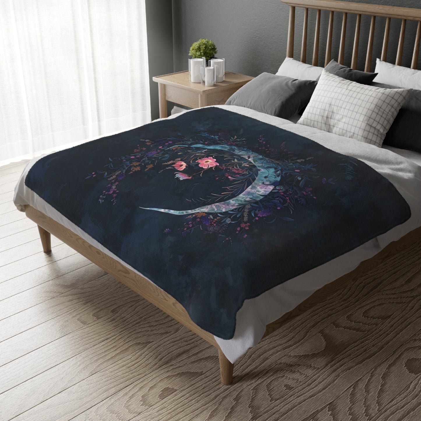 Crescent Moon & Wildflowers 2-Sided Throw Blanket, Witchy Occult Design, Moon Lover Gift, Enchanting Aesthetic Bedroom and Living Room Decor