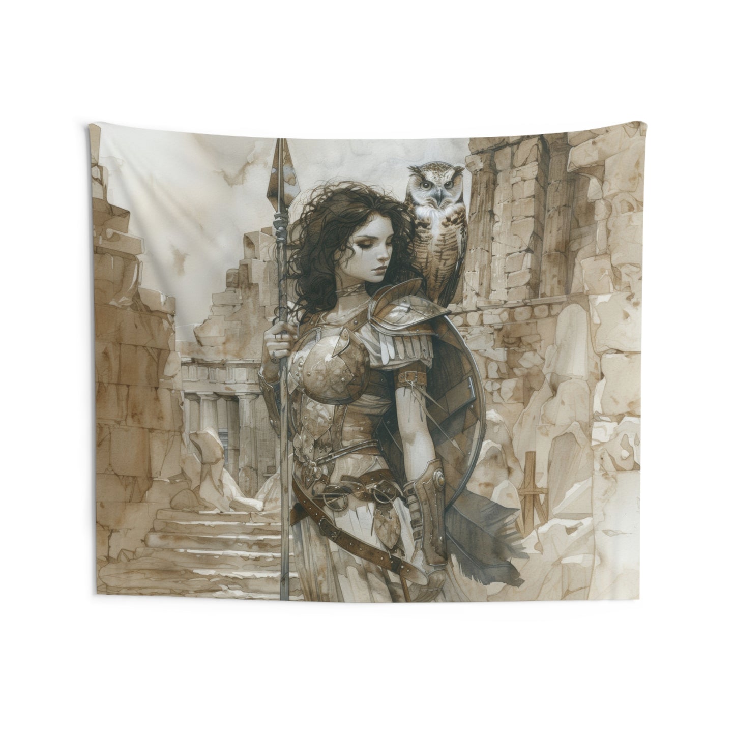 Athena's Wisdom Wall Tapestry, Greek Warrior Goddess & Owl, Monumental Valor Artwork, Inspirational Interior Majesty