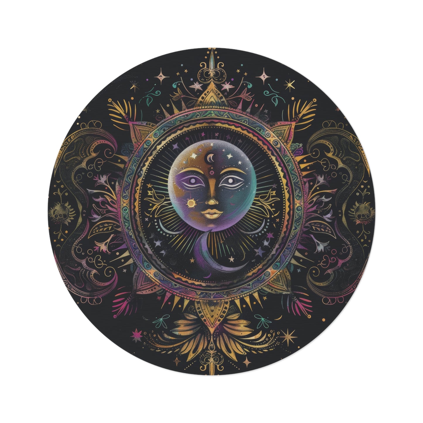 Rainbow Neon Sun & Moon Chenille Round Area Rug, Celestial Cosmic Design, Colored Chalk Bedroom, Living and Meditation Space Decor