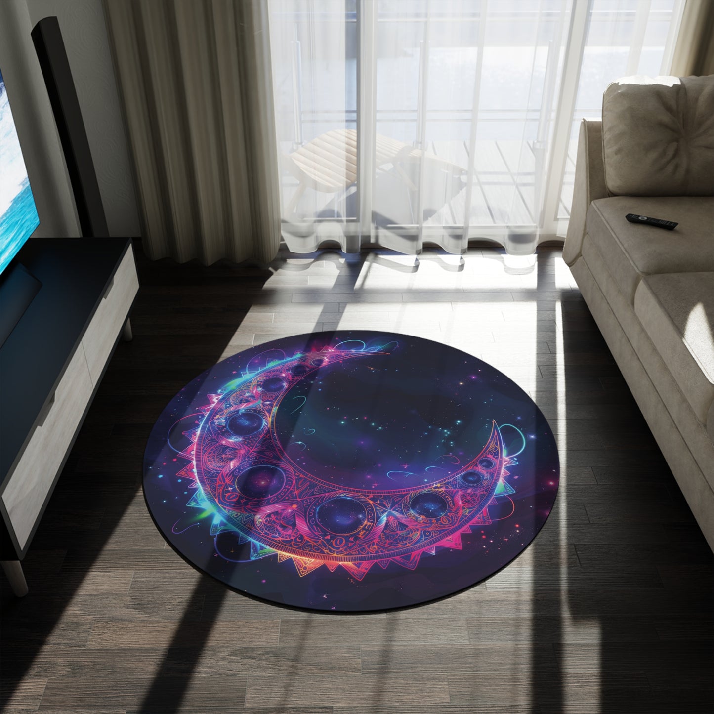 Electric Crescent Moon Chenille Round Area Rug, Vibrant Neon Glowing Lunar Aesthetic for Home