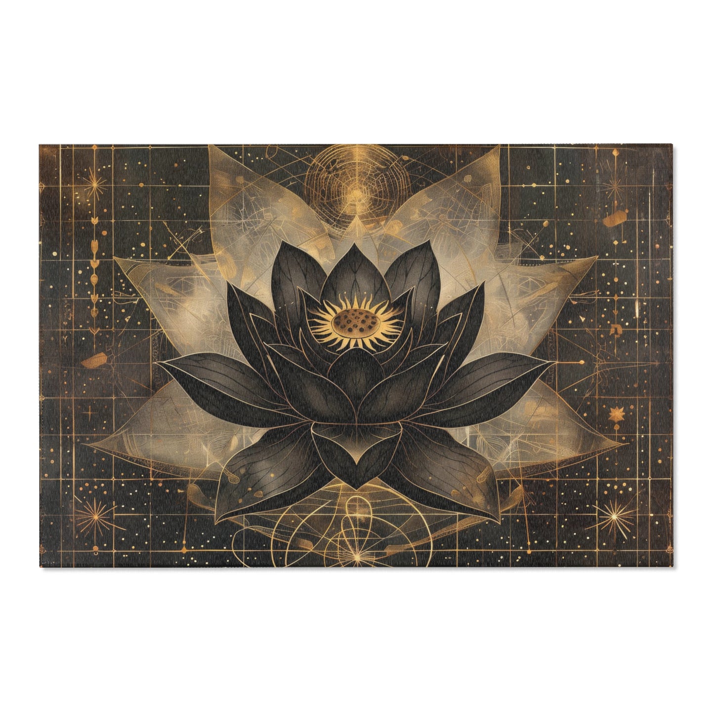 Black Lotus Blossom Polyester Chenille Area Rug (3 Sizes), Sacred Geometry Aesthetic, Dark Occult Bedroom, Living Room & Dorm Room Decor