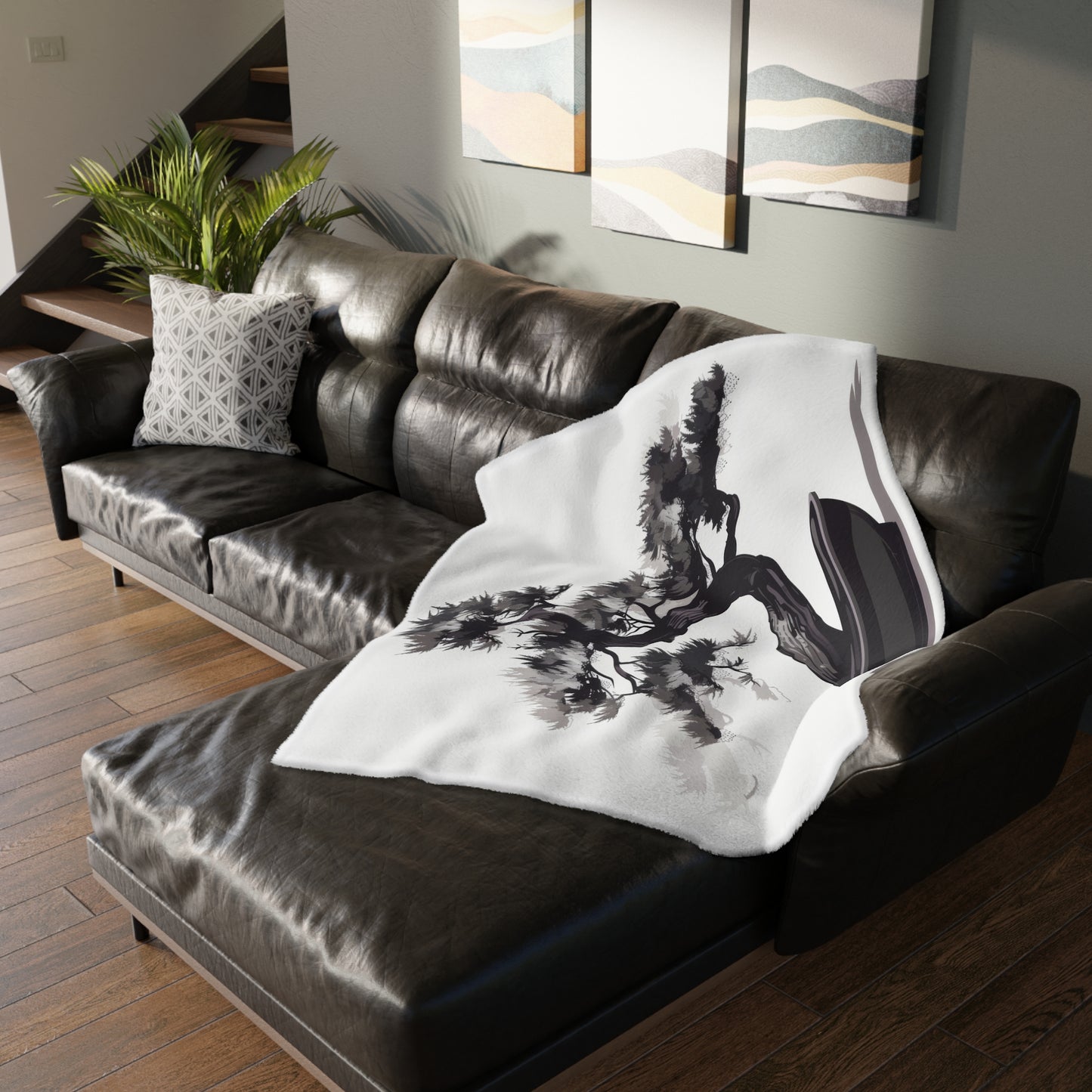 Chinese Ink Style Bonsai Tree Double Sided Throw Blanket, Simple Minimalist Aesthetic, Zen Nature Style Living, Dorm & Bed Room Decor