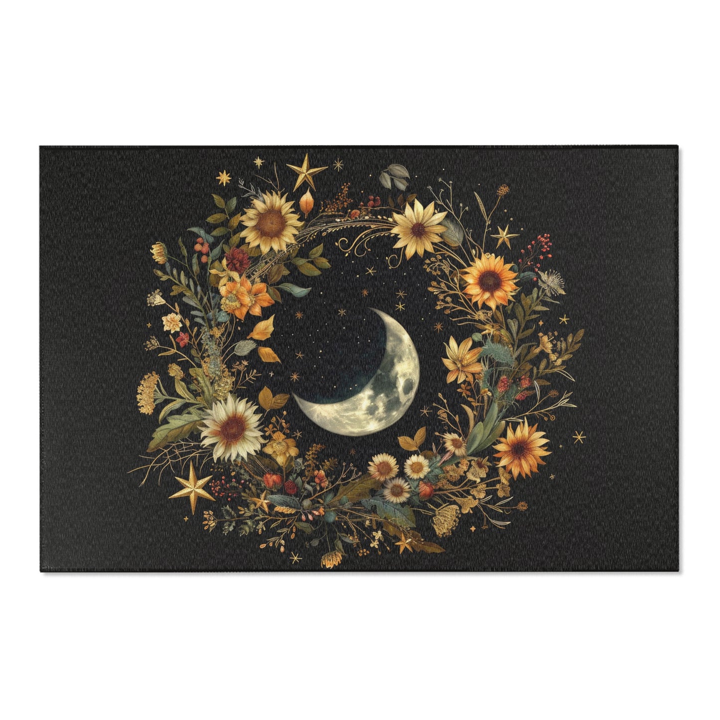 Crescent Moon & Wildflower Mandala Polyester Chenille Area Rug (3 Sizes), Dark Cottagecore Design, Witchy Lunar Aesthetic Room Decor
