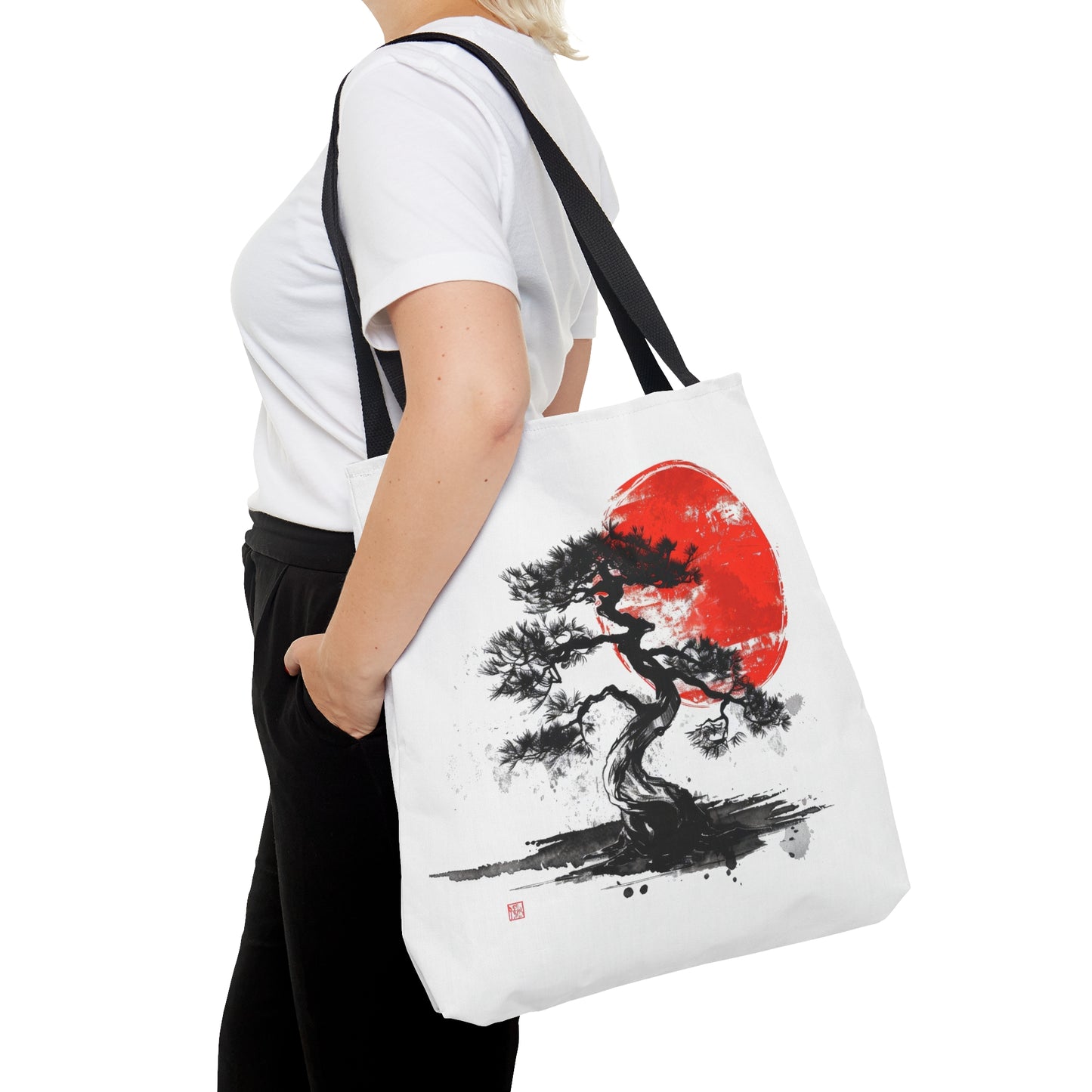 Traditional Chinese Bonsai & Red Sun Tote Bag (3 Sizes), Elegant Ink Wash Style Art, Serene Zen Fashion Style, Black Handles, Minimalist Aesthetic