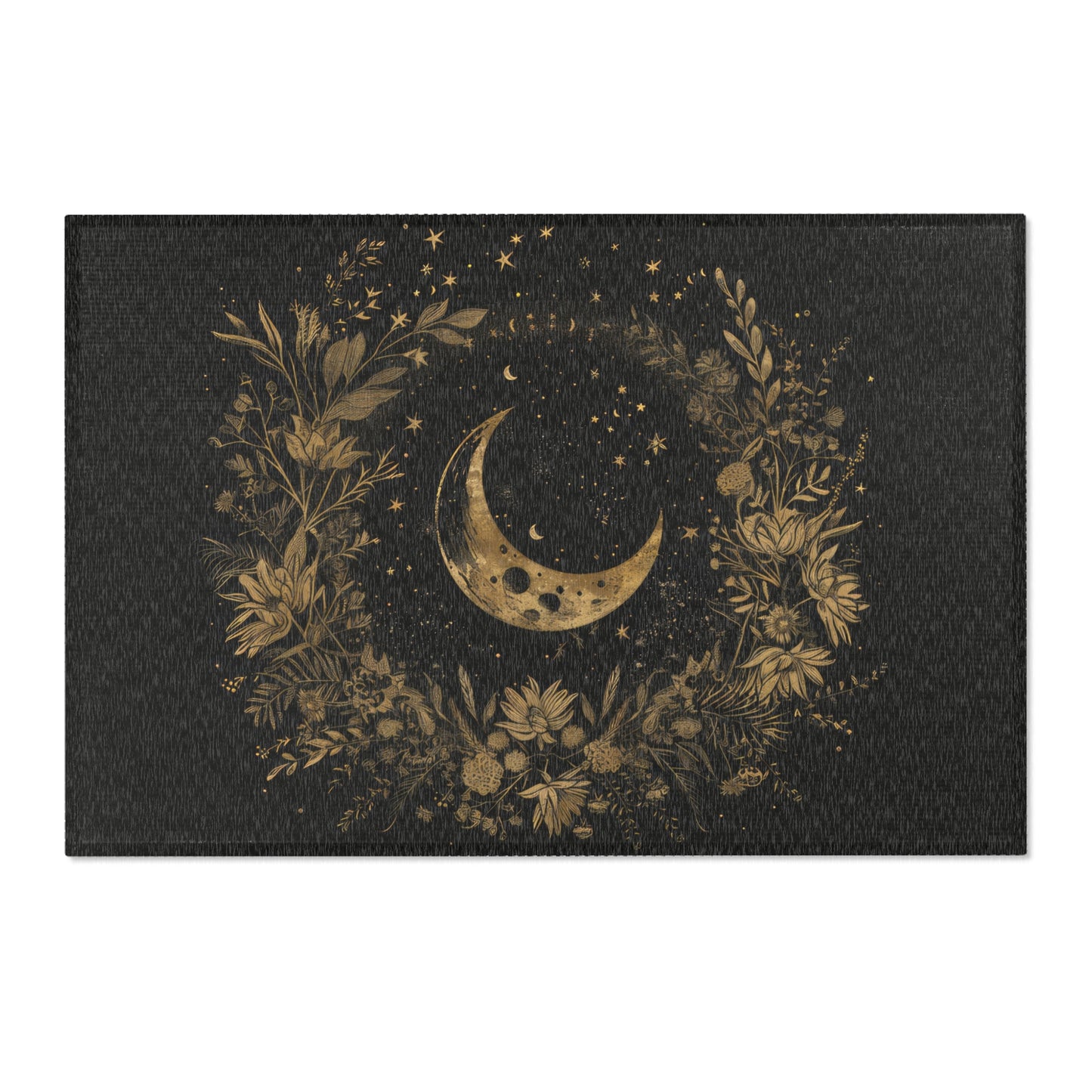 Gold Crescent Moon & Wildflower Mandala Polyester Chenille Area Rug (3 Sizes), Dark Cottagecore Design, Witchy Lunar Aesthetic Room Decor