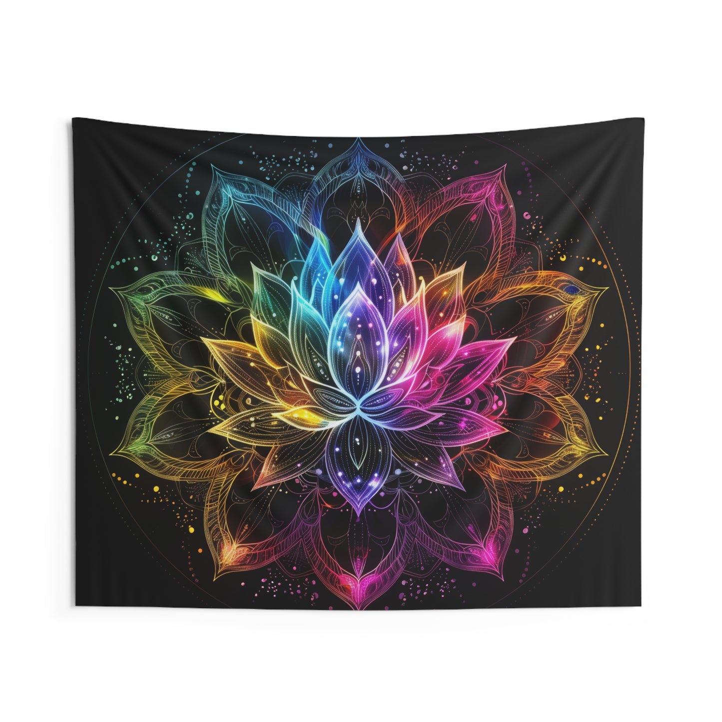 Luminous Lotus Indoor Wall Tapestry, Vibrant Energy Motif, Radiant Floral Mandala, Cosmic Bloom Design, Ethereal Color Spectrum Wall Art