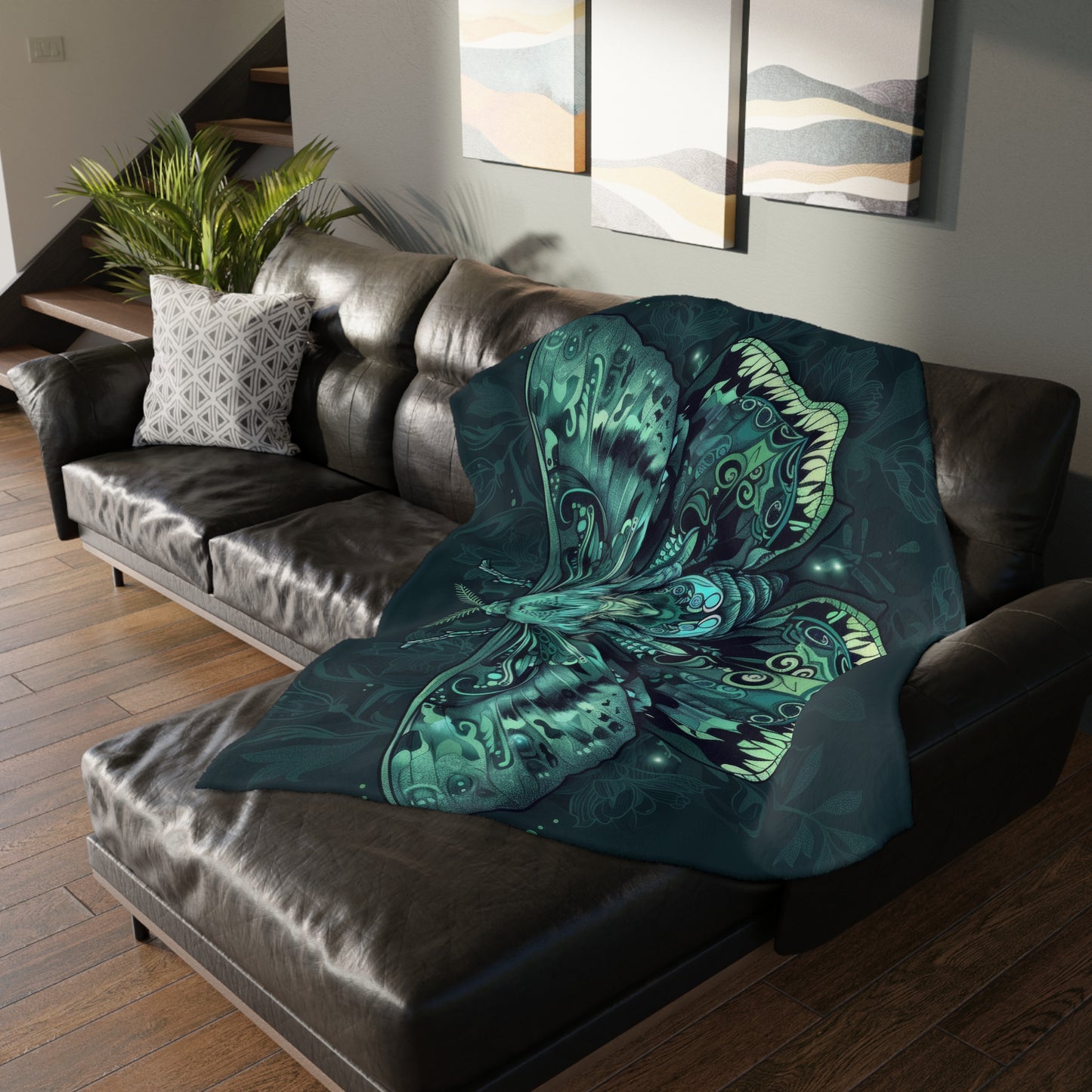 Lunar Moth Double Sided Throw Blanket, Vibrant Emerald Design, Neon Aesthetic, Mystical Magical Bedroom, Living, and Dorm Room Decor