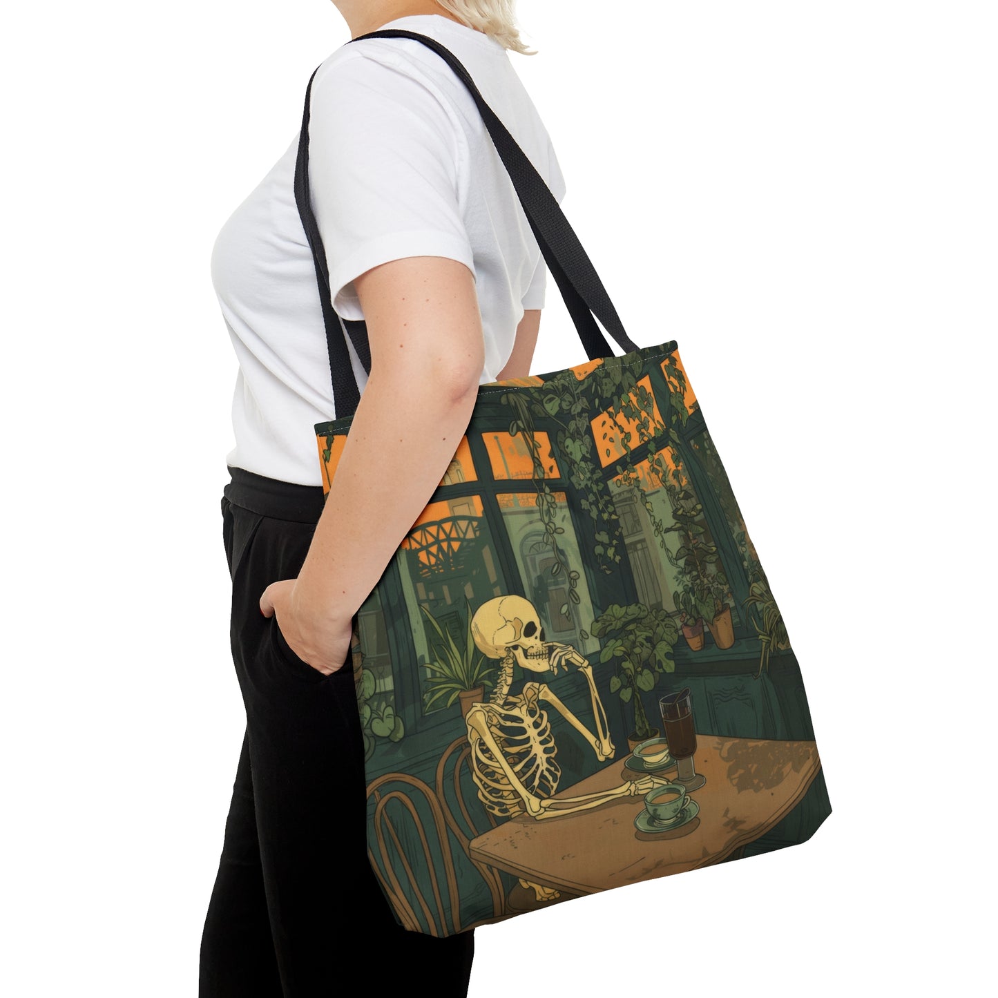 Skeleton Drinking Coffee in Paris Cafe Polyester Tote Bag (Double Sided), Cottagecore Design, Cozy Romantic Style Fashion, 3 Sizes, Black Handles