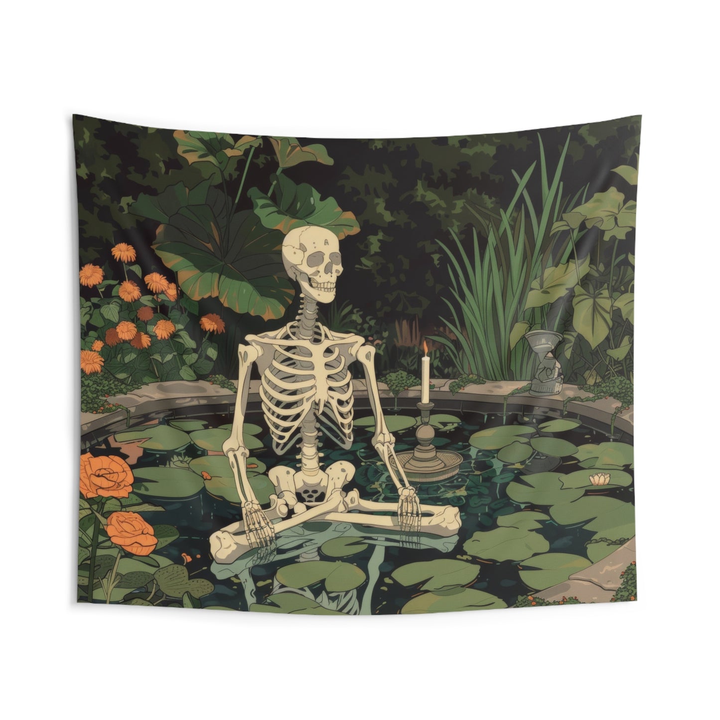 Skeleton Meditating in Zen Garden Indoor Wall Tapestry, Cottagecore Design, Gothic Folk Aesthetic Enchanting Bedroom, Living, and Dorm Room Decor