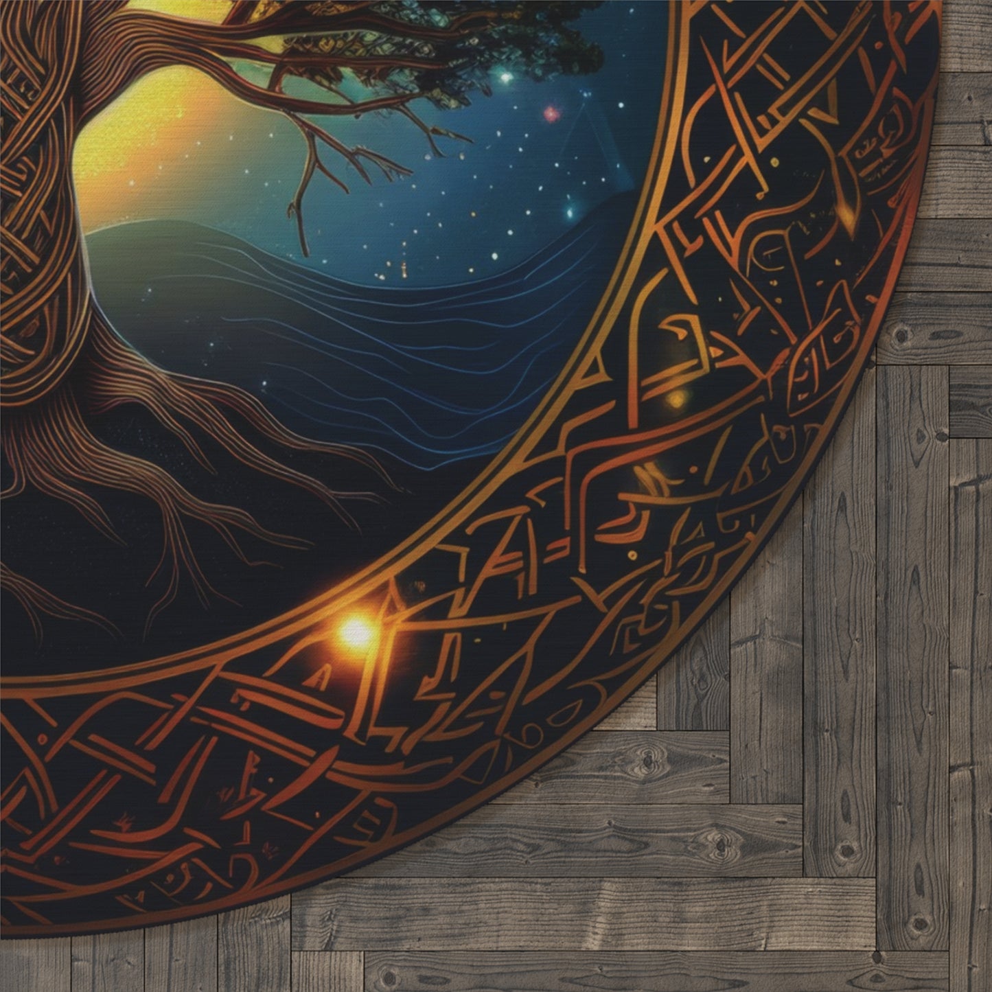 Celtic Tree of Life Mandala Round Chenille Area Rug, Ancient Occult Aesthetic, Folk Nature Style Living, Dorm & Bed Room Decor