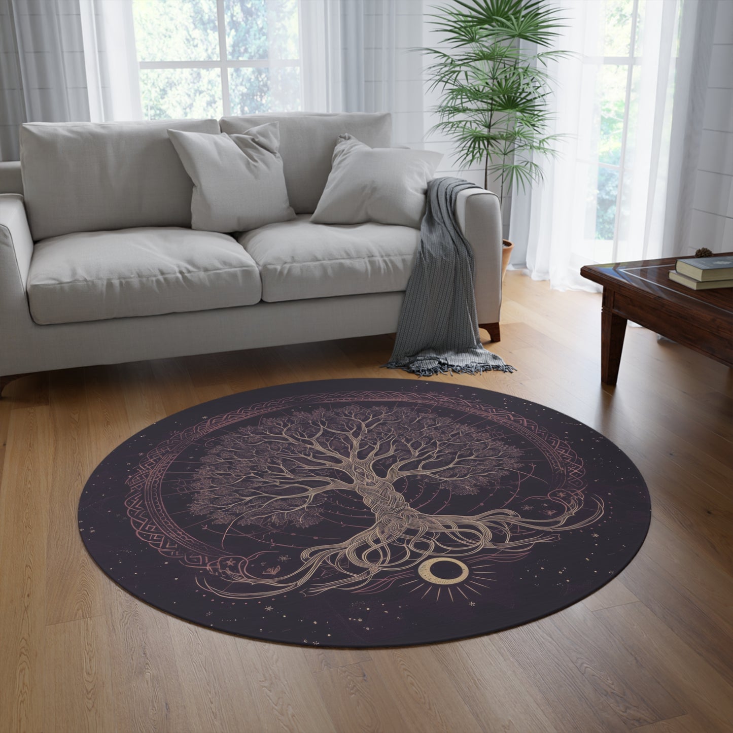 Purple Tree of Life Chenille Round Area Rug, Dark Occult-Inspired Design, Celtic Nature Decor for Home