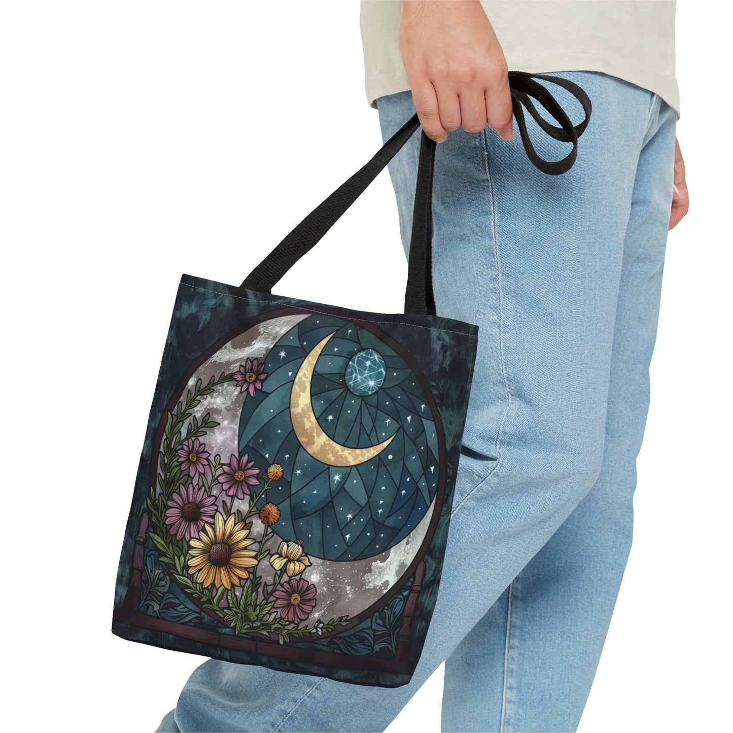 Midnight Bloom & Crescent Moon Stained Glass Tote Bag, Botanical Night Design, Stylish Carryall with Black Handles for Chic Adventures