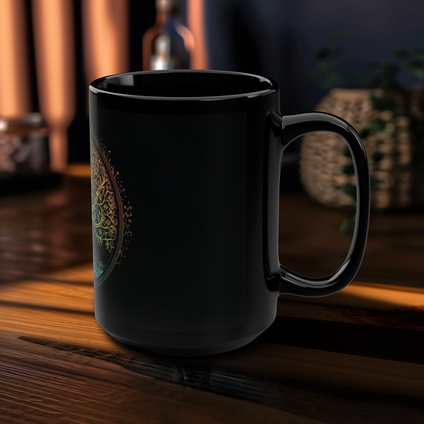 Mystic Arbor 15oz Black Ceramic Mug, Enchanted Tree of Life Motif, Magical Spectrum Design, Folklore Forest Decor, Radiant Nature Drinkware