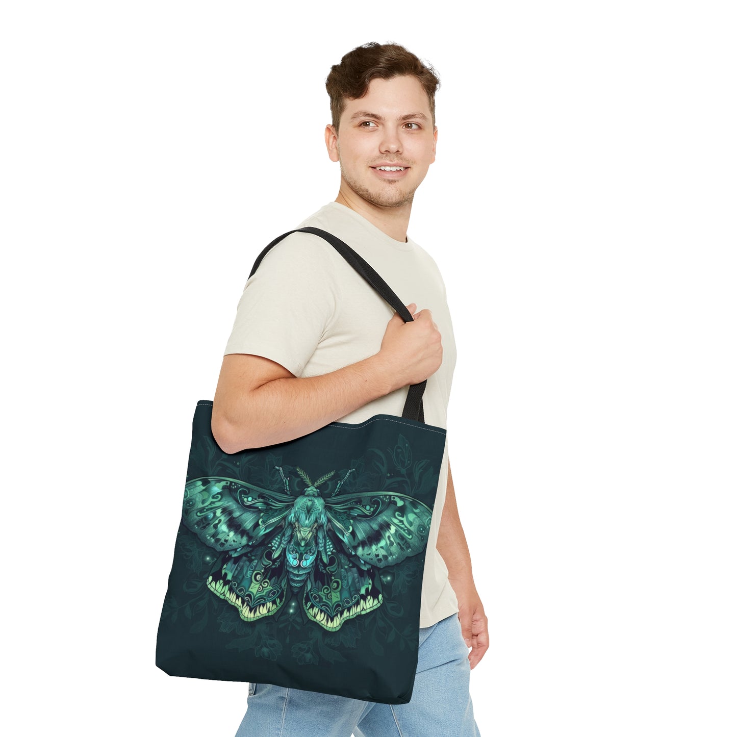 Lunar Moth Polyester Tote Bag (Double Sided), Emerald Inspired Design, Green Neon Style Fashion, 3 Sizes, Black Handles