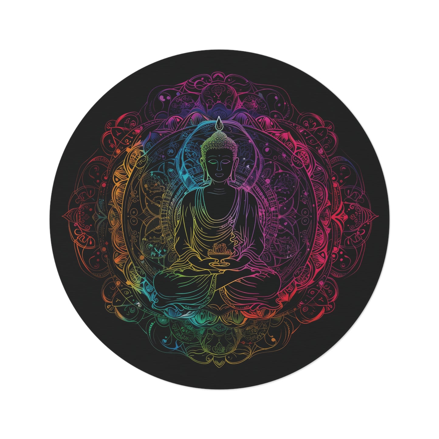 Buddha's Serene Mandala Round Chenille Area Rug, Neon Enlightenment Motif, Spiritual Radiance, Zen Circle Design, Vibrant Meditation Decor