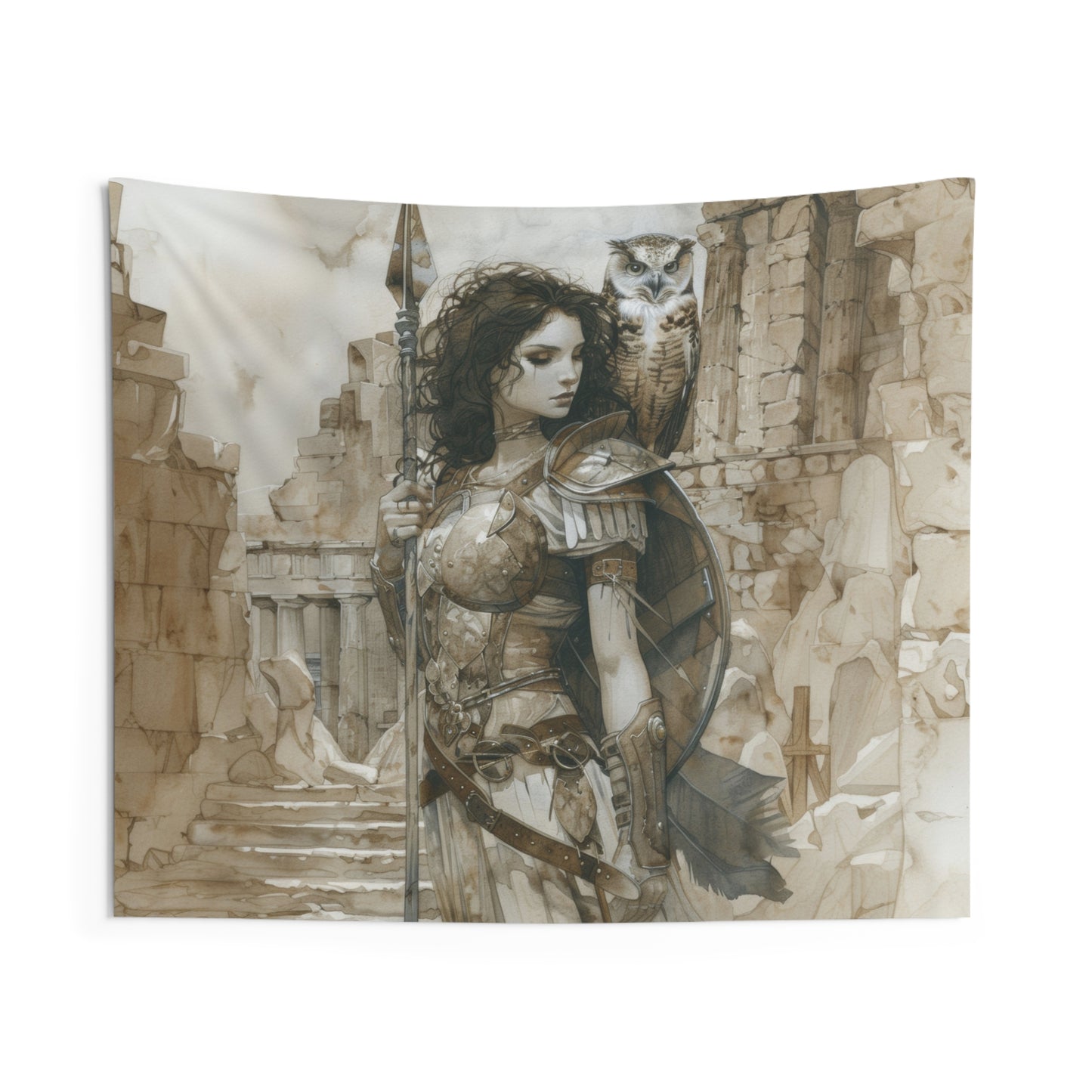 Athena's Wisdom Wall Tapestry, Greek Warrior Goddess & Owl, Monumental Valor Artwork, Inspirational Interior Majesty