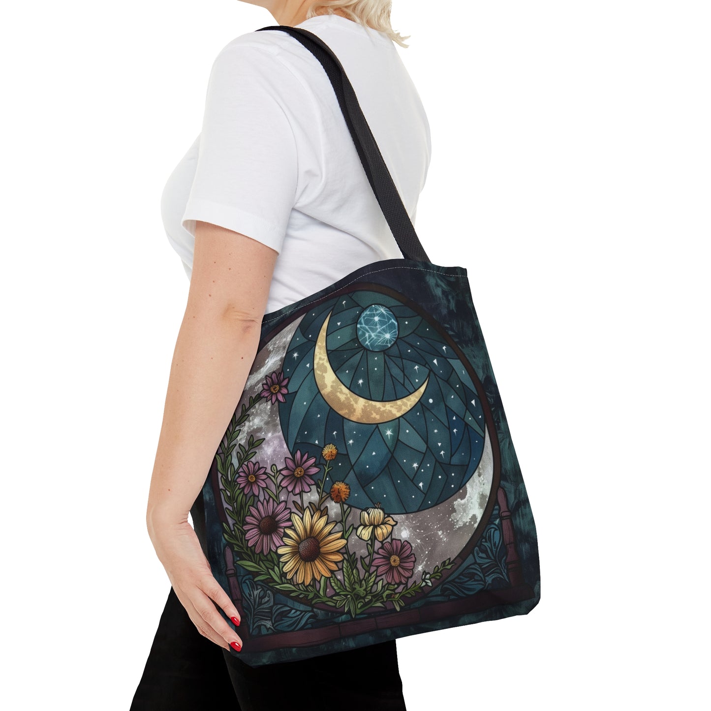 Midnight Bloom & Crescent Moon Stained Glass Tote Bag, Botanical Night Design, Stylish Carryall with Black Handles for Chic Adventures
