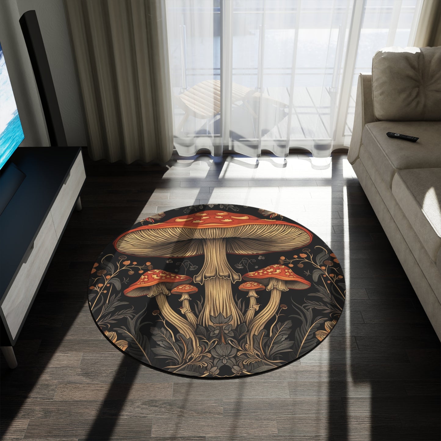 Mushrooms & Wildflowers Chenille Round Area Rug, Mystical Folk Design, Dark Cottagecore Bedroom, Living and Meditation Space Decor