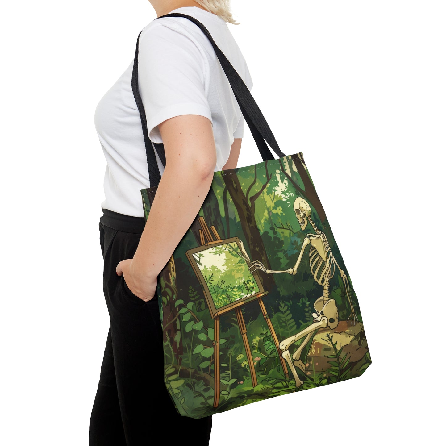 Skeleton Painting Landscape Polyester Tote Bag (Double Sided), Dark Cottagecore Design, Gothic Folk Style Fashion, 3 Sizes, Black Handles