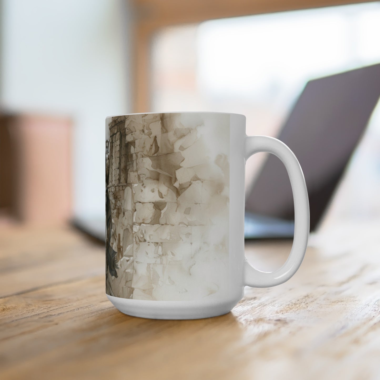Athena's Wisdom 15oz White Ceramic Mug, Greek Warrior Goddess Art, Owl & Armor, Inspirational Beverage Experience