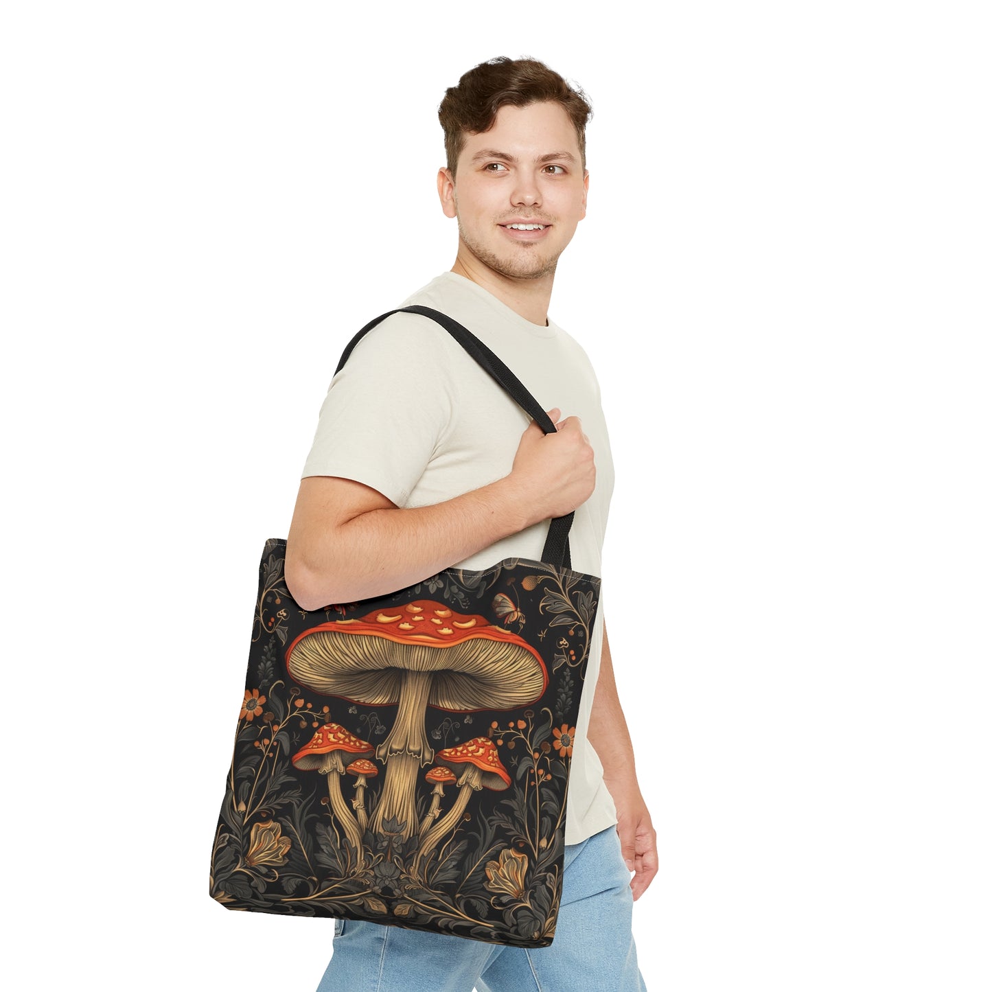 Enchanted Forest Mushroom & Wildflower Polyester Tote Bag (Double Sided) - Dark Cottagecore Charm, 3 Sizes, with Black Handles