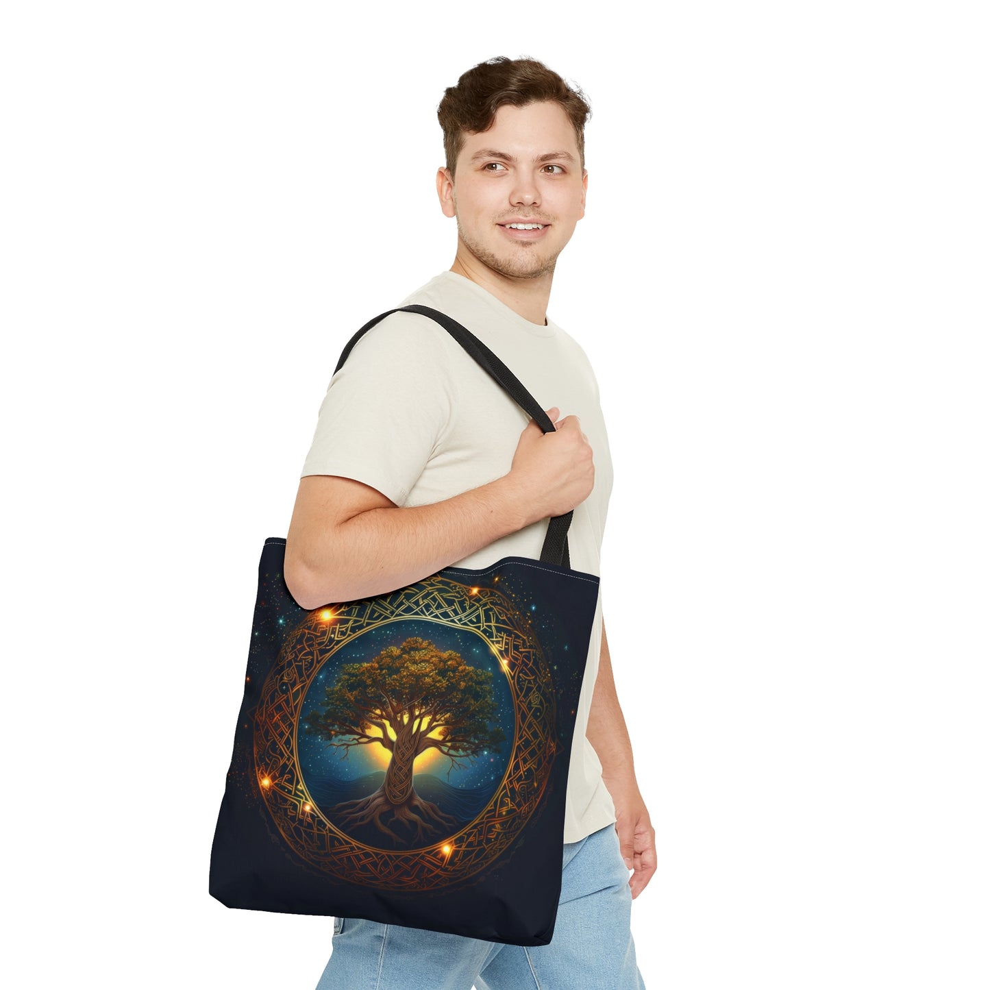 Celtic Tree of Life Mandala Double Sided Tote Bag, Ancient Occult Aesthetic, Folk Nature Fashion Style, 3 Sizes, Black Handles