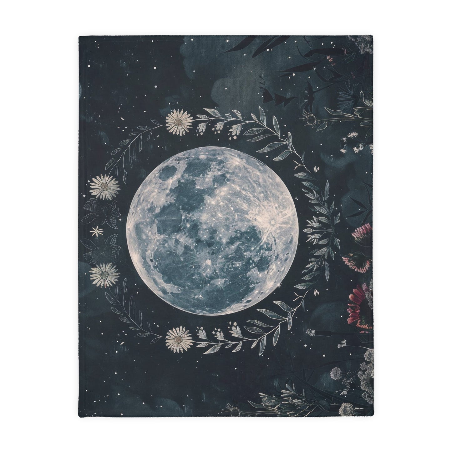Full Moon & Wildflowers Double Sided Throw Blanket, Witchy Occult Design, Nature Lover Gift, Enchanting Aesthetic Bedroom and Living Room Decor