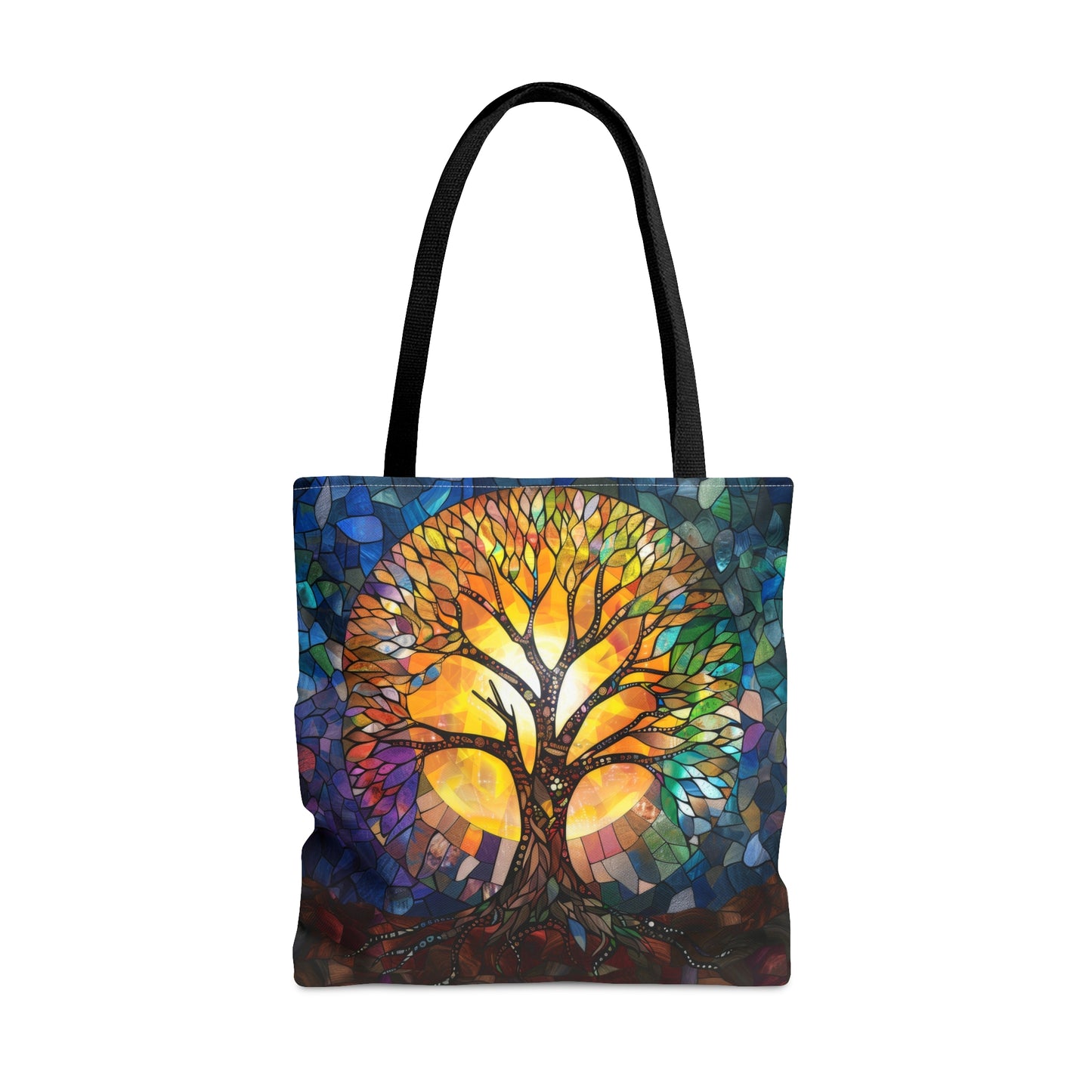 Tree of Life Stained Glass Art Tote Bag with Black Handles, Enchanting Nature Design, Multipurpose Bag for Everyday Elegance & Shopping