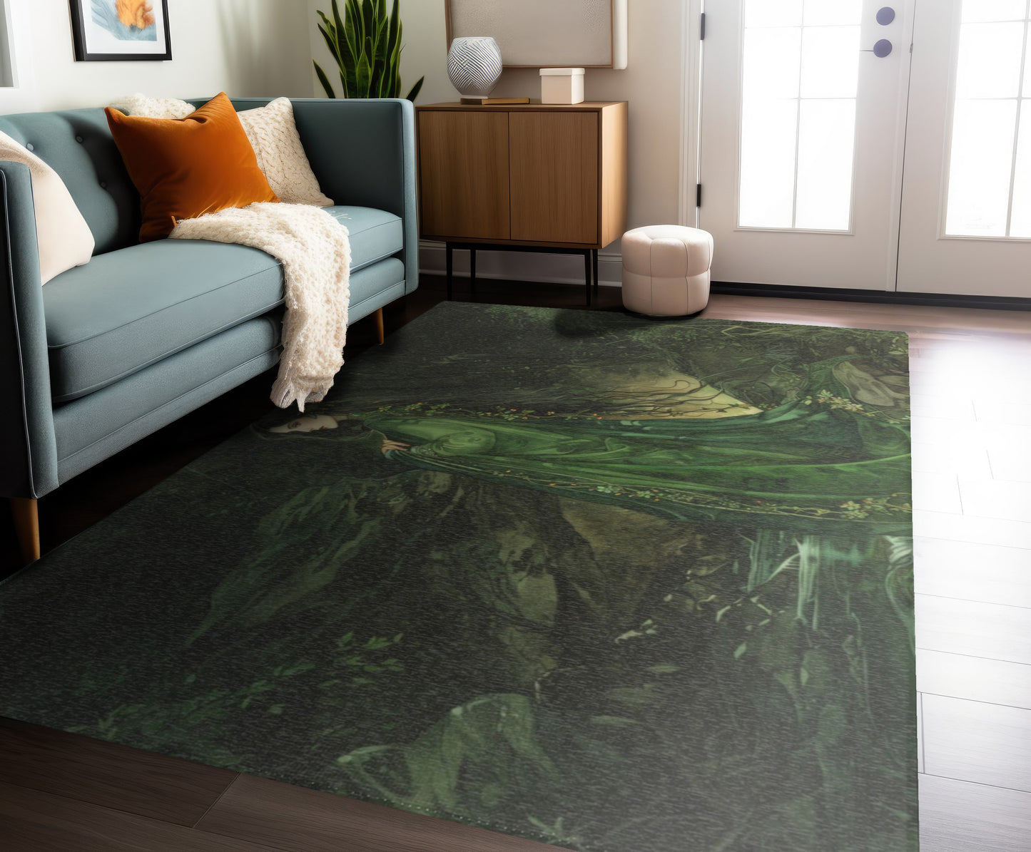 Danu’s Enchanted Forest Chenille Rug, Celtic Mother Goddess Abode, Verdant Canopy, Enchanted Woodland Floor Decor