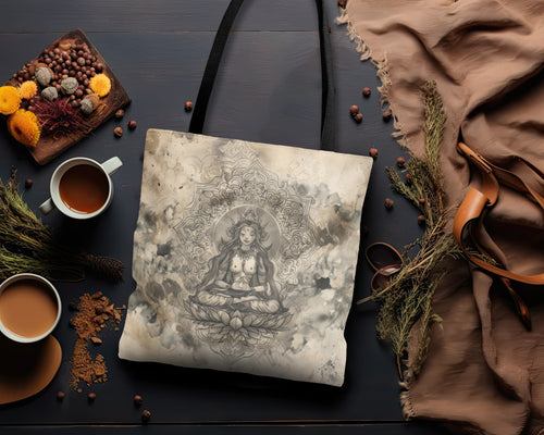 Air Goddess Polyester Tote Bag (Double Sided), Zen Nature Aesthetic, Sacred Geometry Style Fashion, 3 Sizes, Black Handles