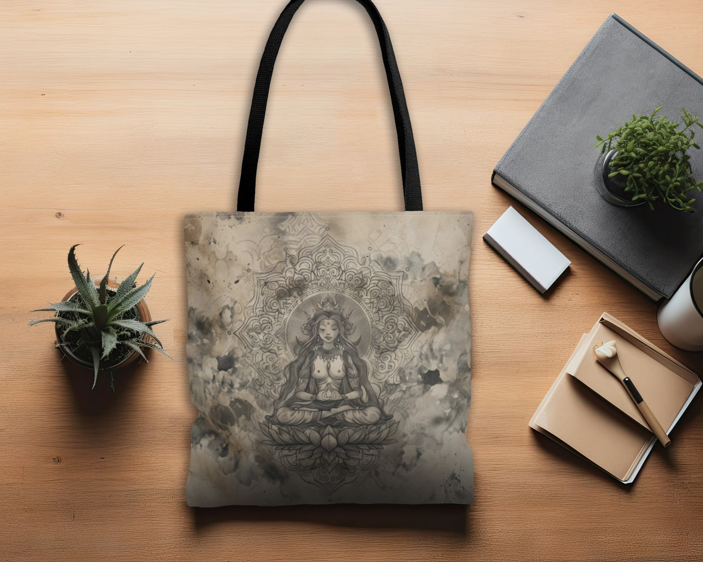Air Goddess Polyester Tote Bag (Double Sided), Zen Nature Aesthetic, Sacred Geometry Style Fashion, 3 Sizes, Black Handles