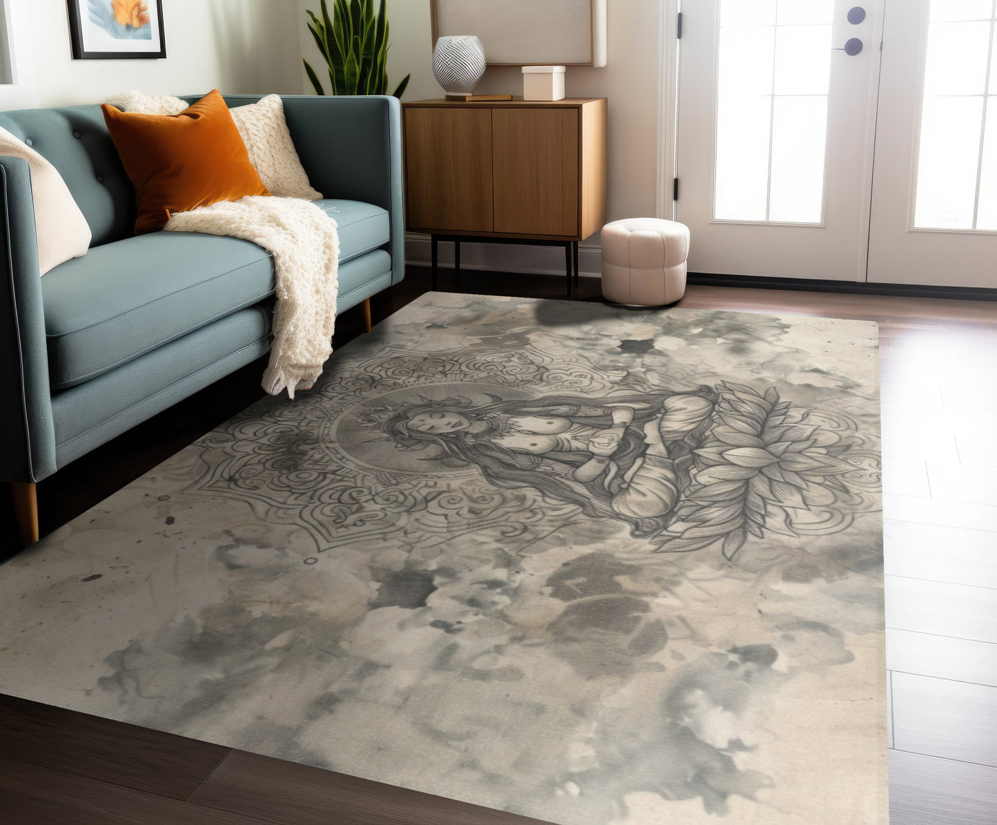 Air Goddess Polyester Chenille Area Rug (3 Sizes), Sacred Geometry Aesthetic, Zen Nature Bedroom, Living Room & Dorm Room Decor