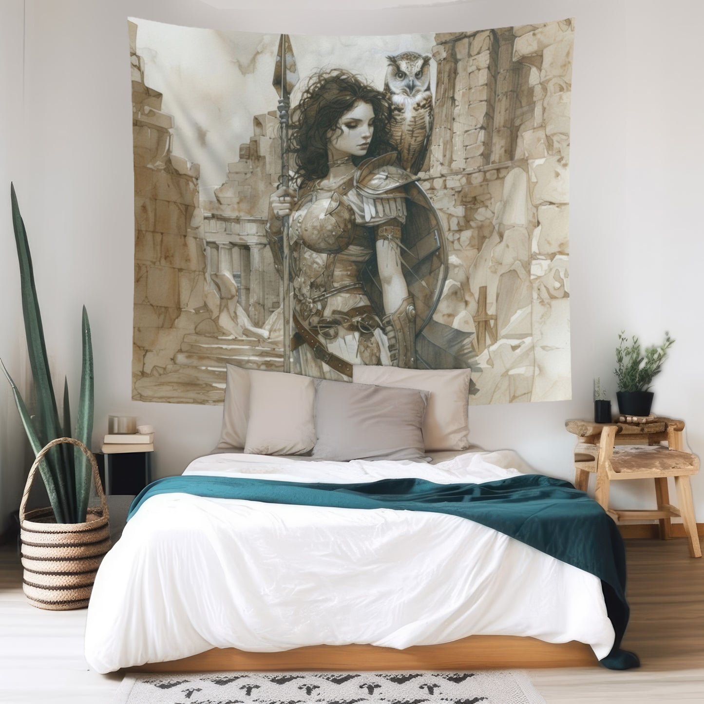 Athena's Wisdom Wall Tapestry, Greek Warrior Goddess & Owl, Monumental Valor Artwork, Inspirational Interior Majesty