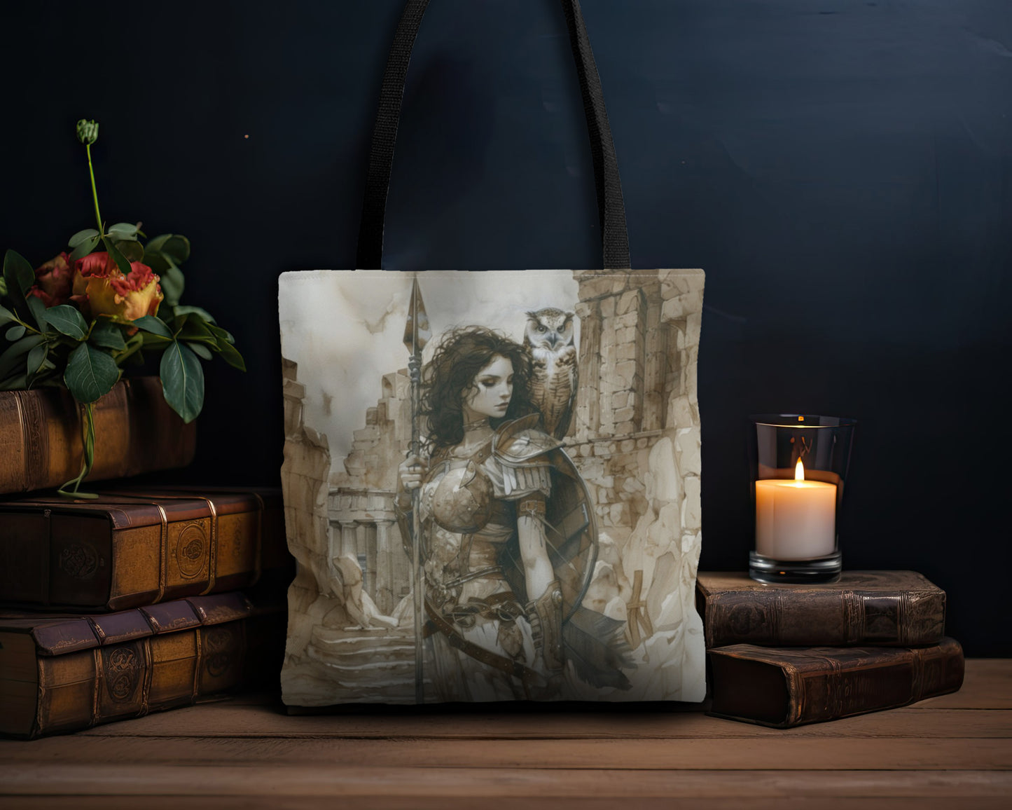 Athena's Wisdom Tote Bag, Dual-Sided Greek Warrior Goddess, Owl Sentinel, Mythic Elegance, Versatile Fashion Accessory