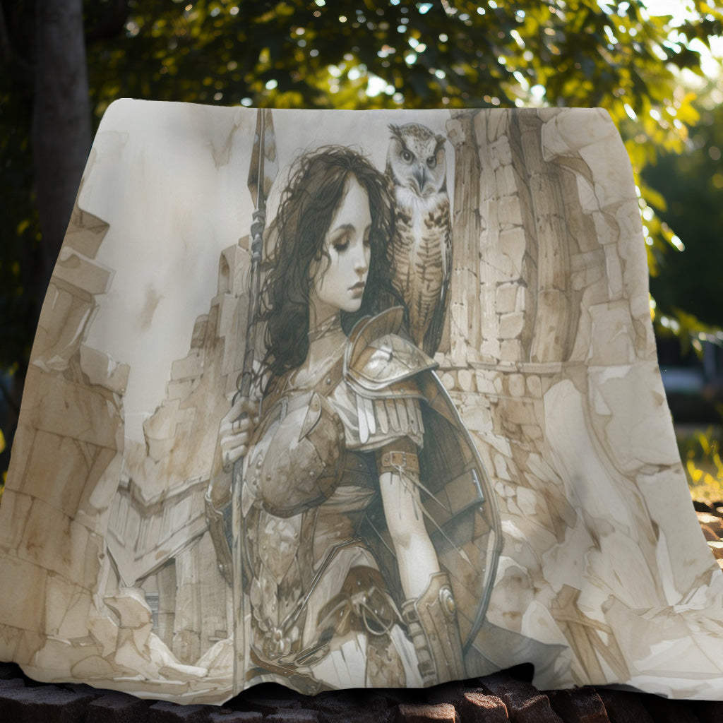 Athena's Wisdom Double-Sided Throw Blanket, Greek Warrior Goddess Emblem, Protective Owl, Heroic Home Comfort