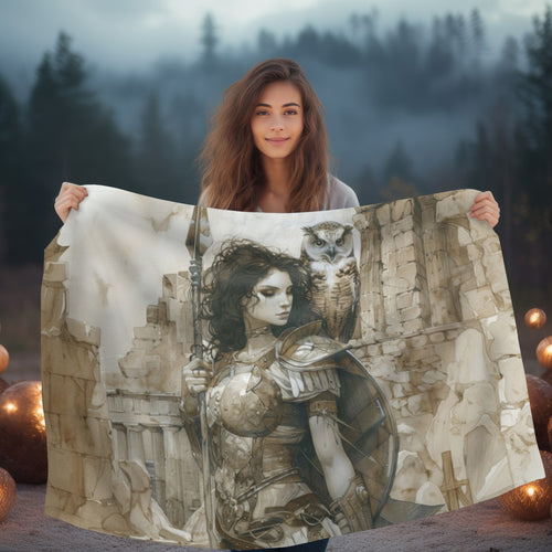 Athena's Wisdom Double-Sided Throw Blanket, Greek Warrior Goddess Emblem, Protective Owl, Heroic Home Comfort