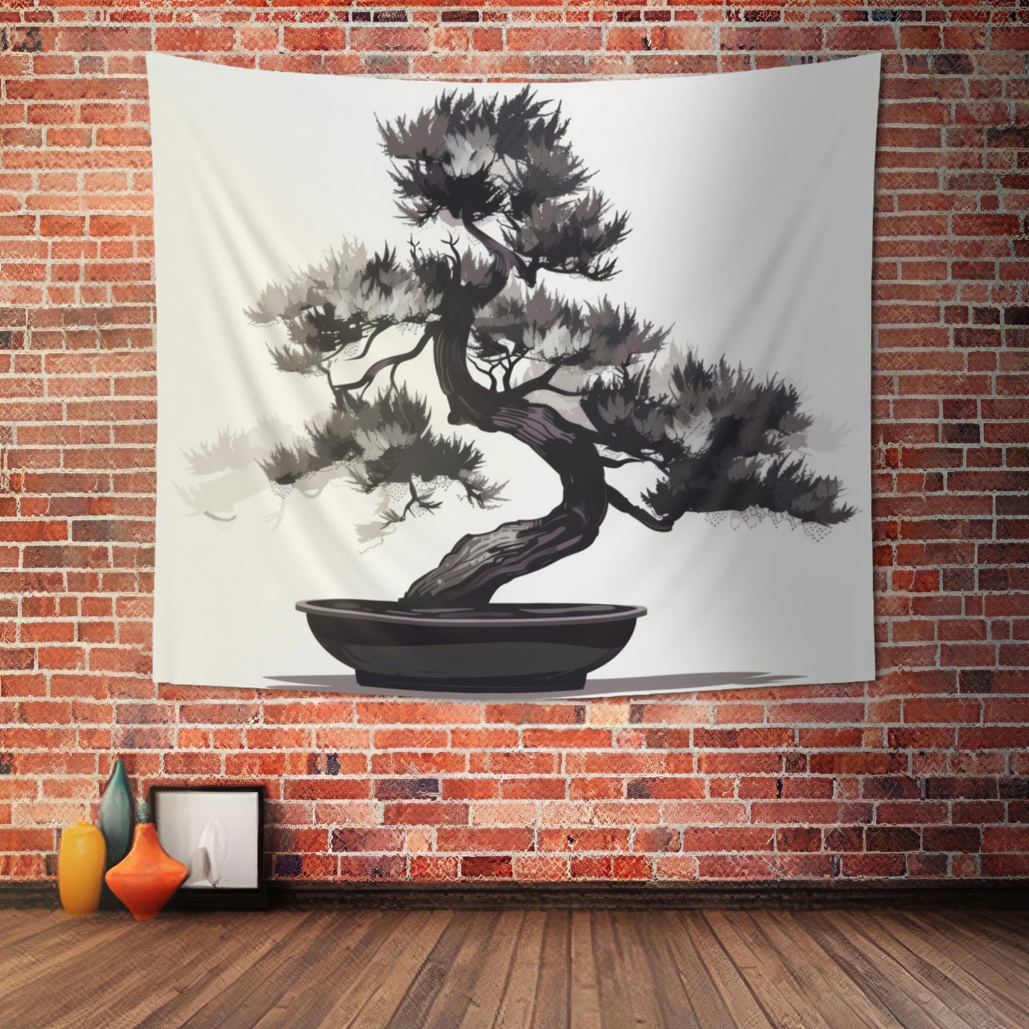 Chinese Ink Style Bonsai Tree Indoor Wall Tapestry, Simple Minimalist Aesthetic Altar Cloth, Zen Nature Style Living, Dorm & Bed Room Decor
