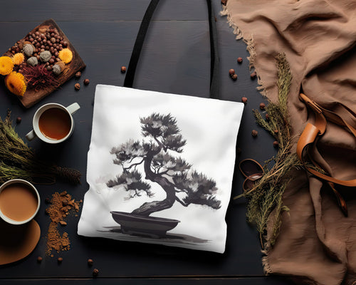 Chinese Ink Style Bonsai Tree Double Sided Tote Bag, Simple Minimalist Aesthetic, Zen Nature Fashion Style, Black Handles, 3 Sizes