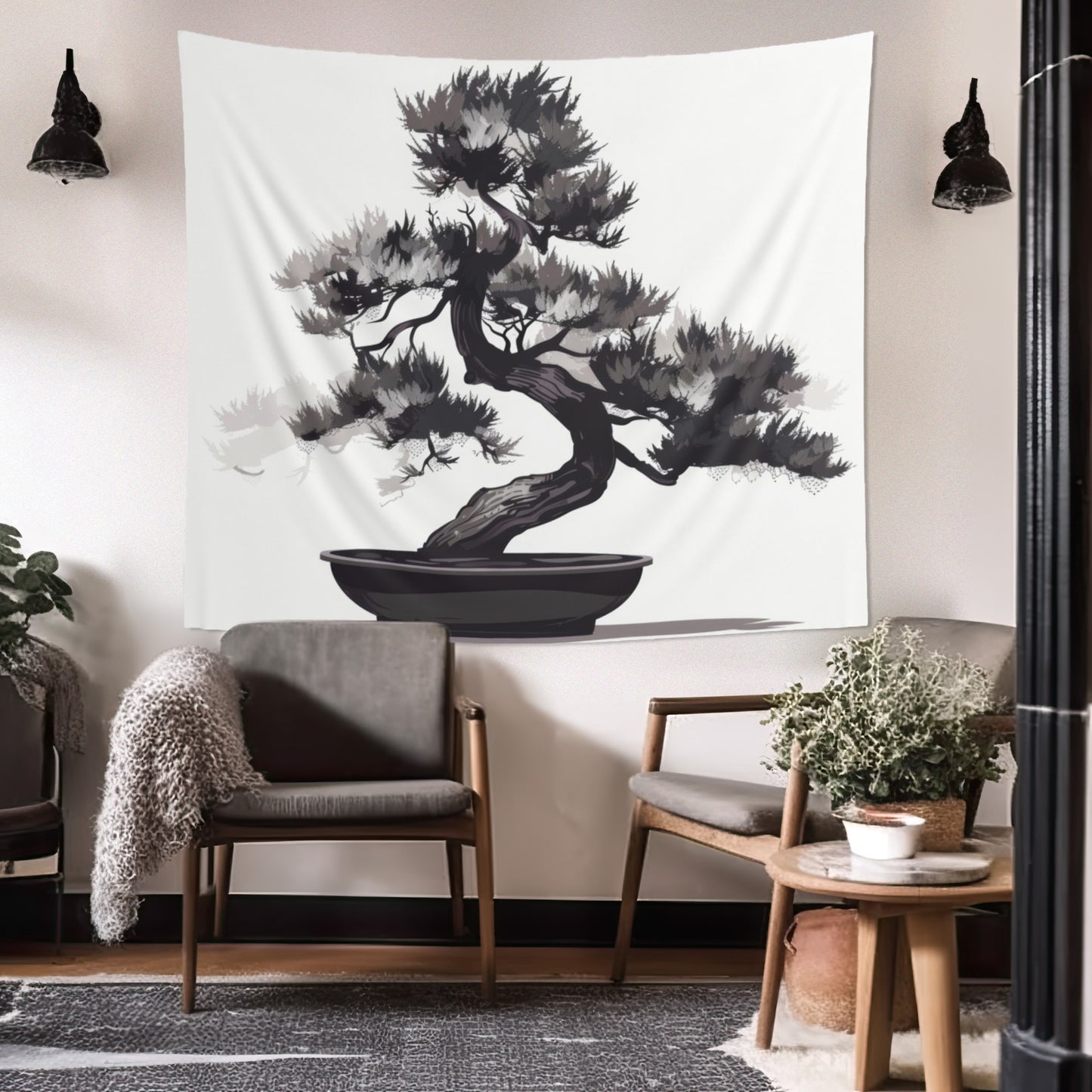 Chinese Ink Style Bonsai Tree Indoor Wall Tapestry, Simple Minimalist Aesthetic Altar Cloth, Zen Nature Style Living, Dorm & Bed Room Decor